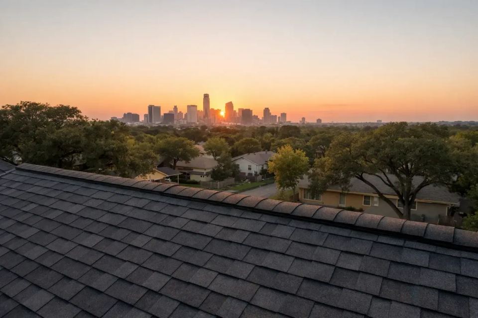 Shingle roof with a view of the Austin skyline