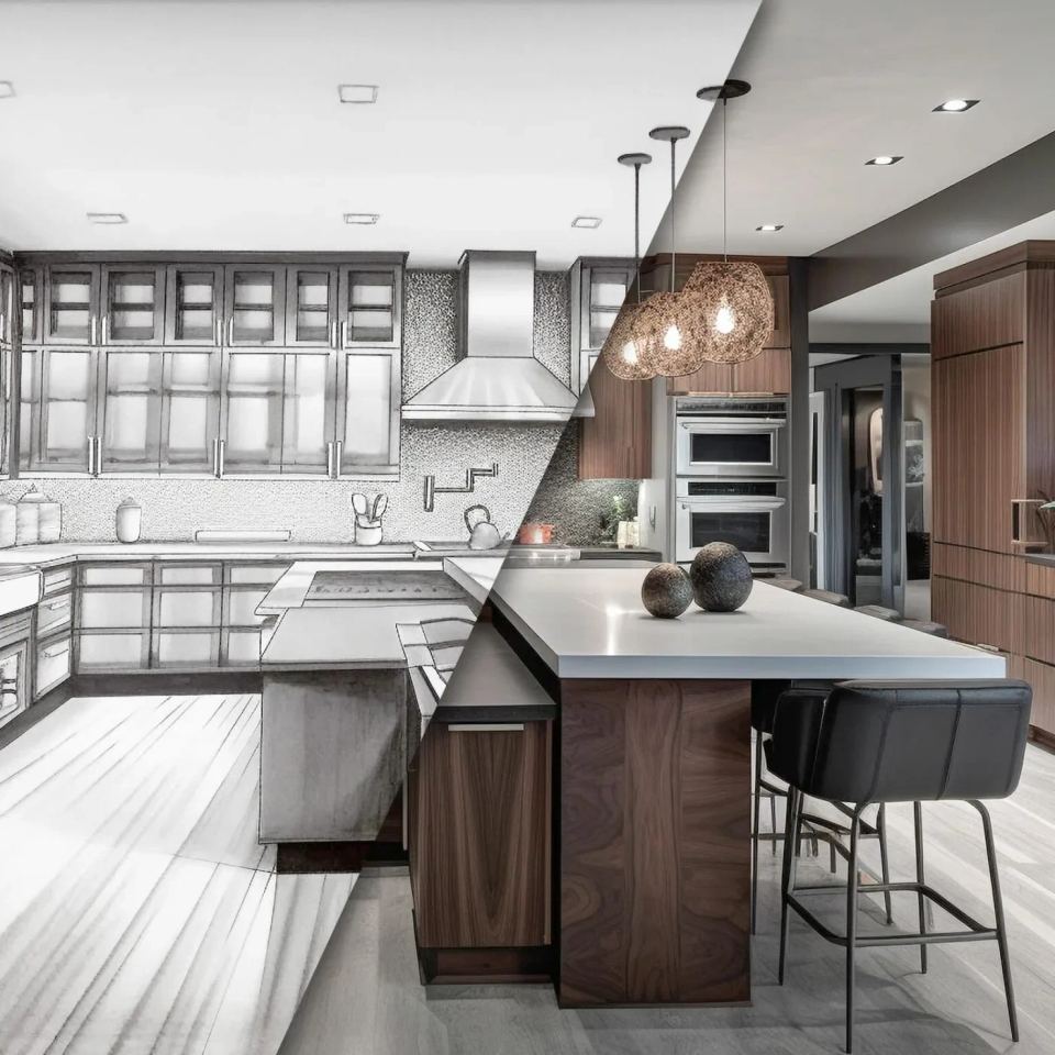 Custom Kitchen Upgrade Interior Concept Drawing Before And After Completed Construction - Generative AI.