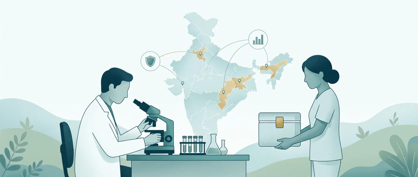 A laboratory team and a health worker handling samples, with a district map behind them.