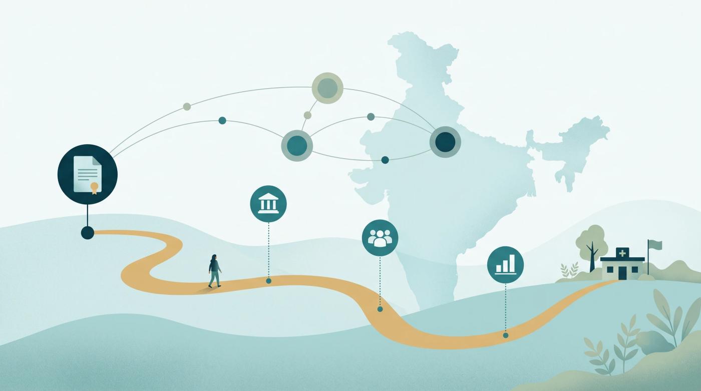 A road crossing a map of India from a policy document to a village health centre.