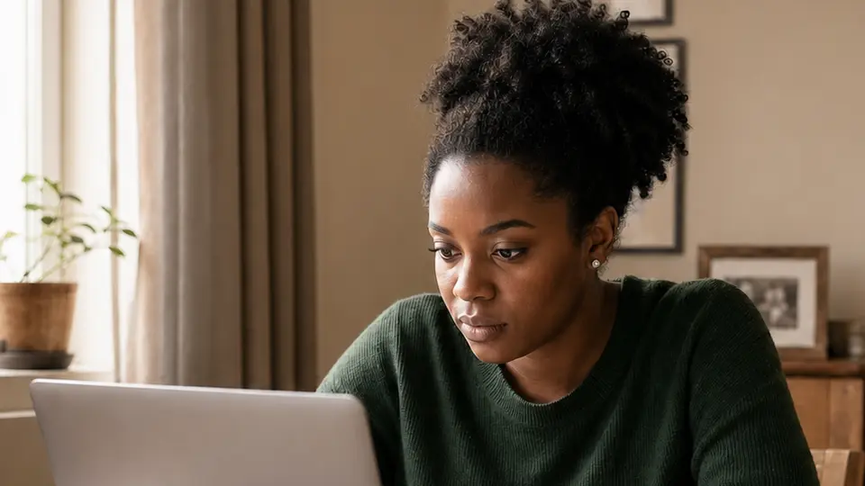 An adult learner working on a laptop at home