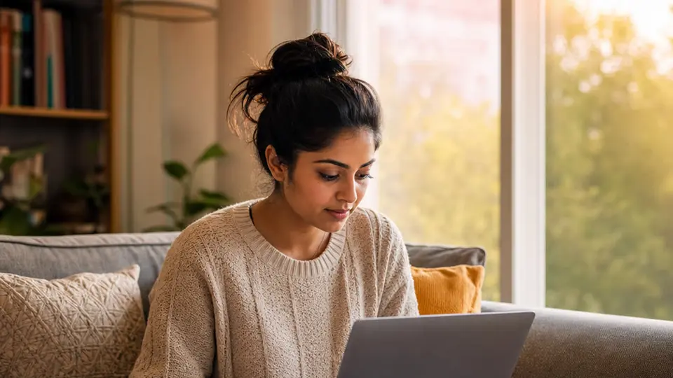 A woman studying on a laptop on her sofa