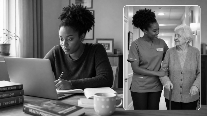 Health and social care student with care home scene inset