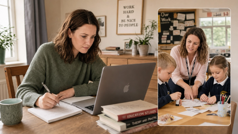 Teaching assistant student with primary school classroom scene inset