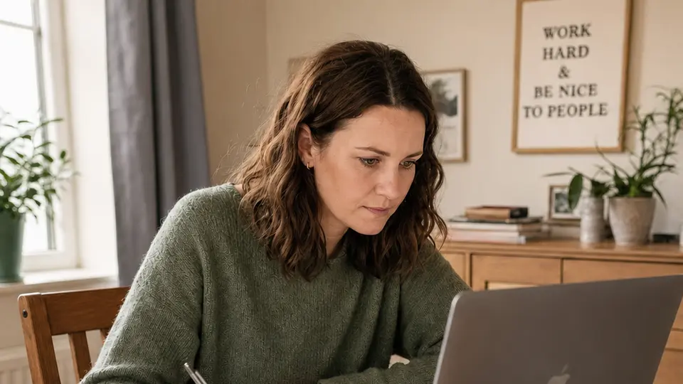 A woman making notes beside her laptop at a dining table