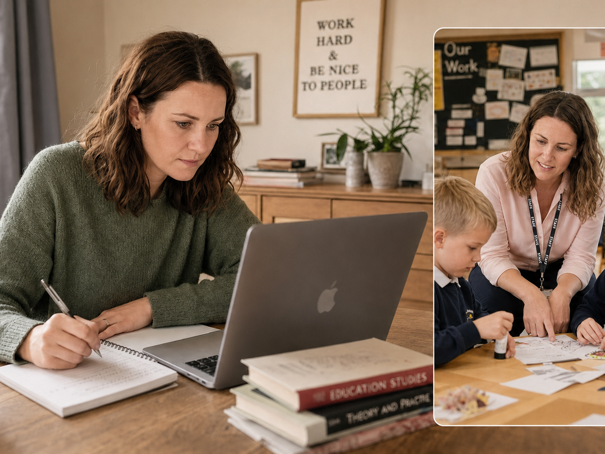 A learner studying at home, with the early years setting she is working towards