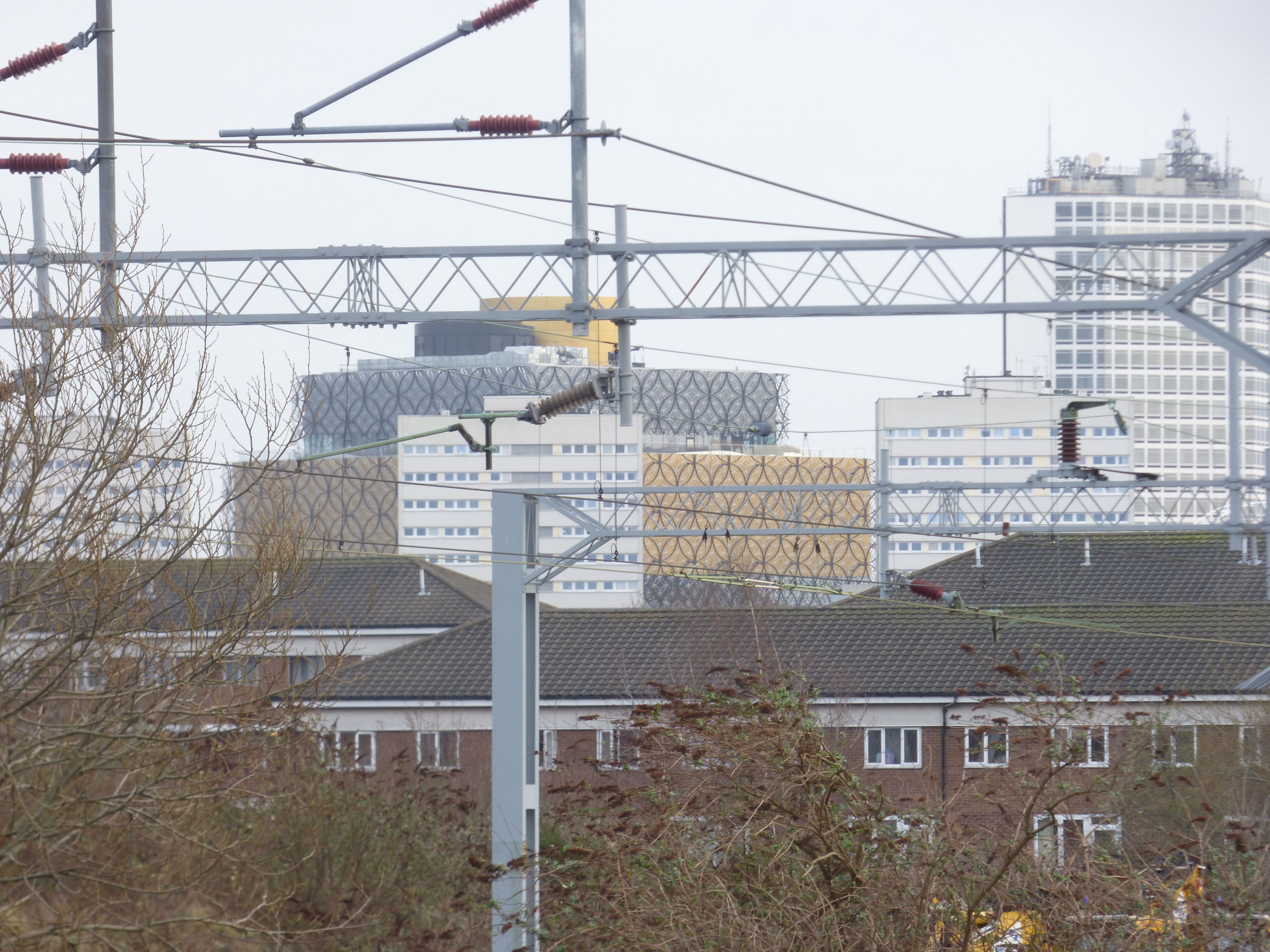Birmingham skyline and canal viewed from Rotton Park Junction Bridge, with the Library of Birmingham in view