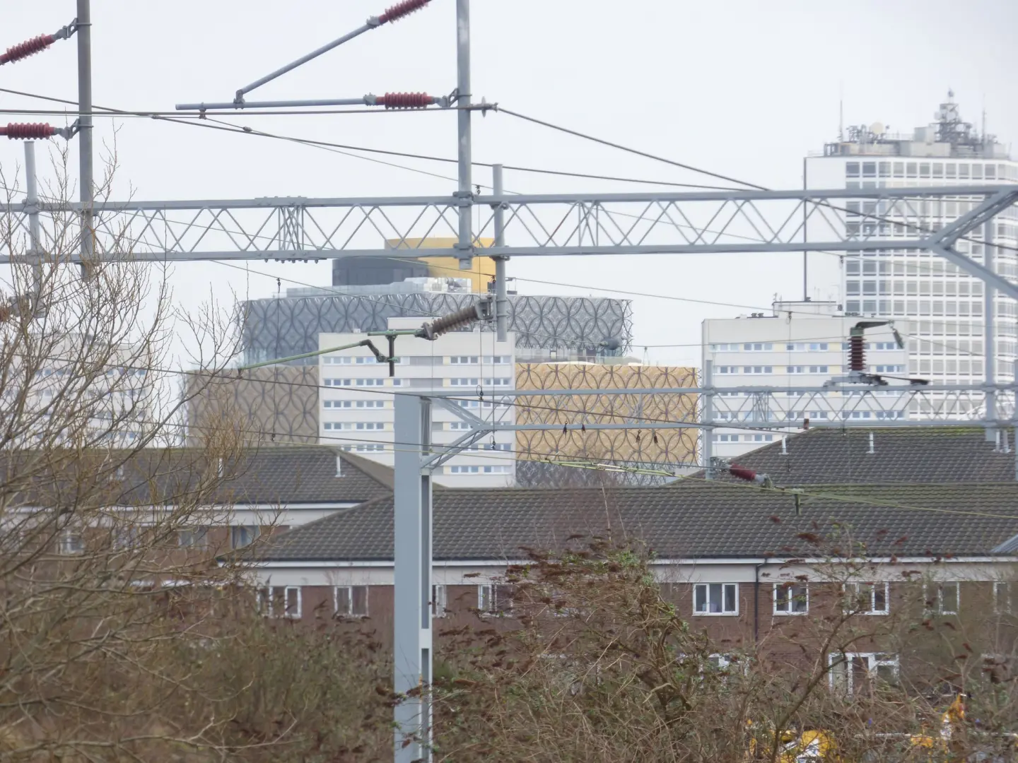 Birmingham skyline and canal viewed from Rotton Park Junction Bridge, with the Library of Birmingham in view