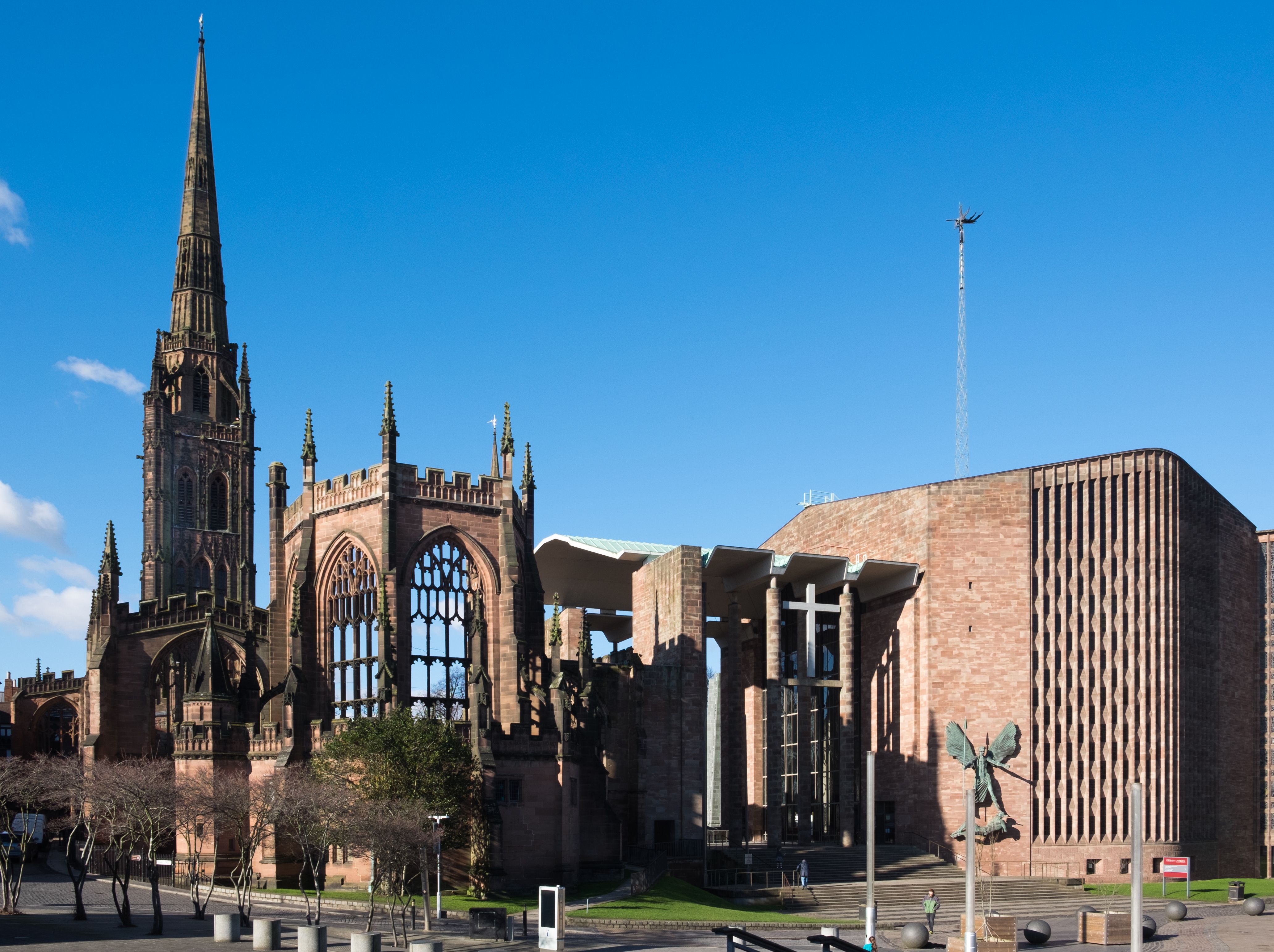 Coventry Cathedral, the war-ruined 14th-century St Michael's Cathedral beside the 1960s Cathedral Church of St Michael