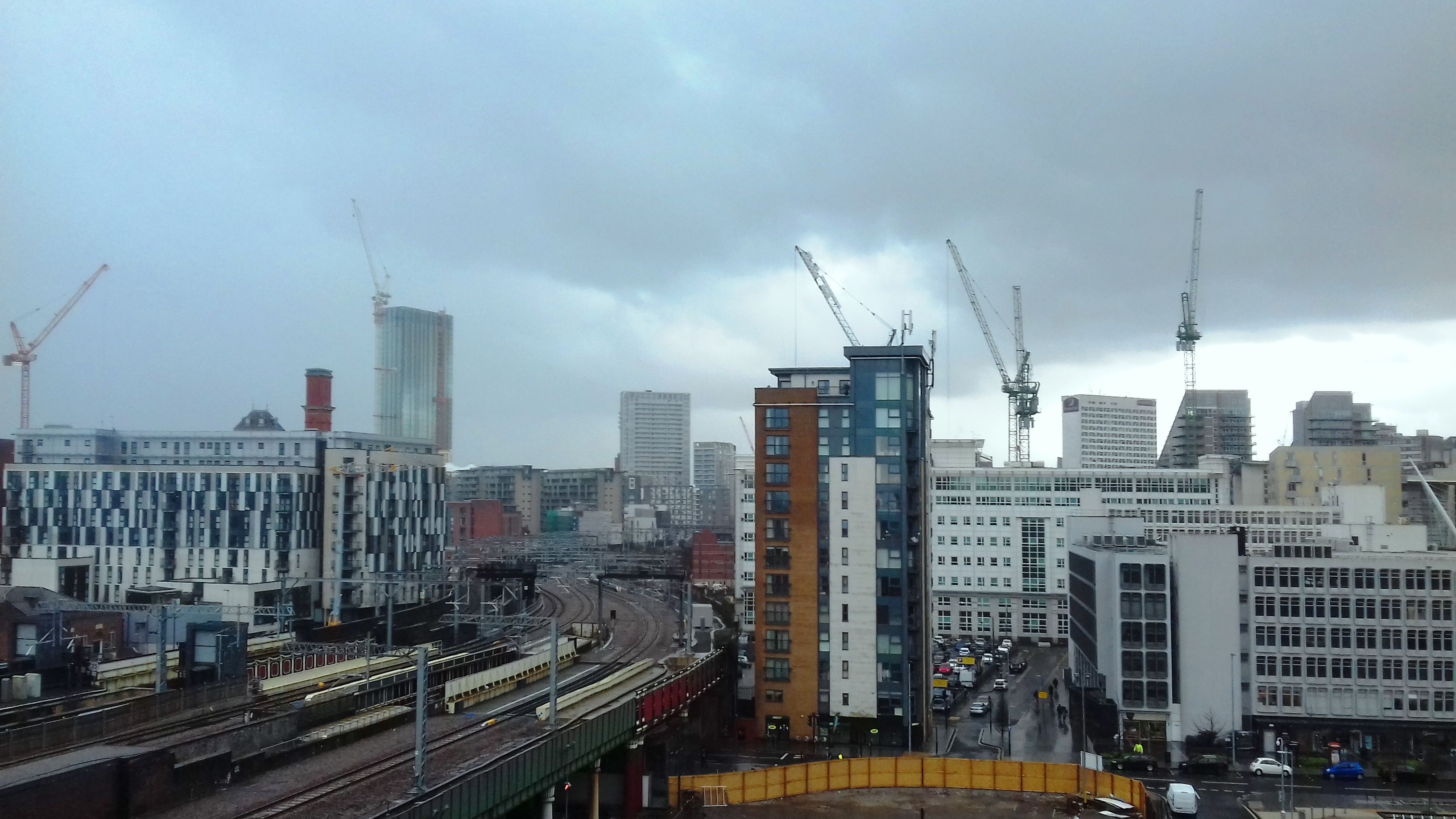 Cranes over the Manchester skyline, view across the city centre