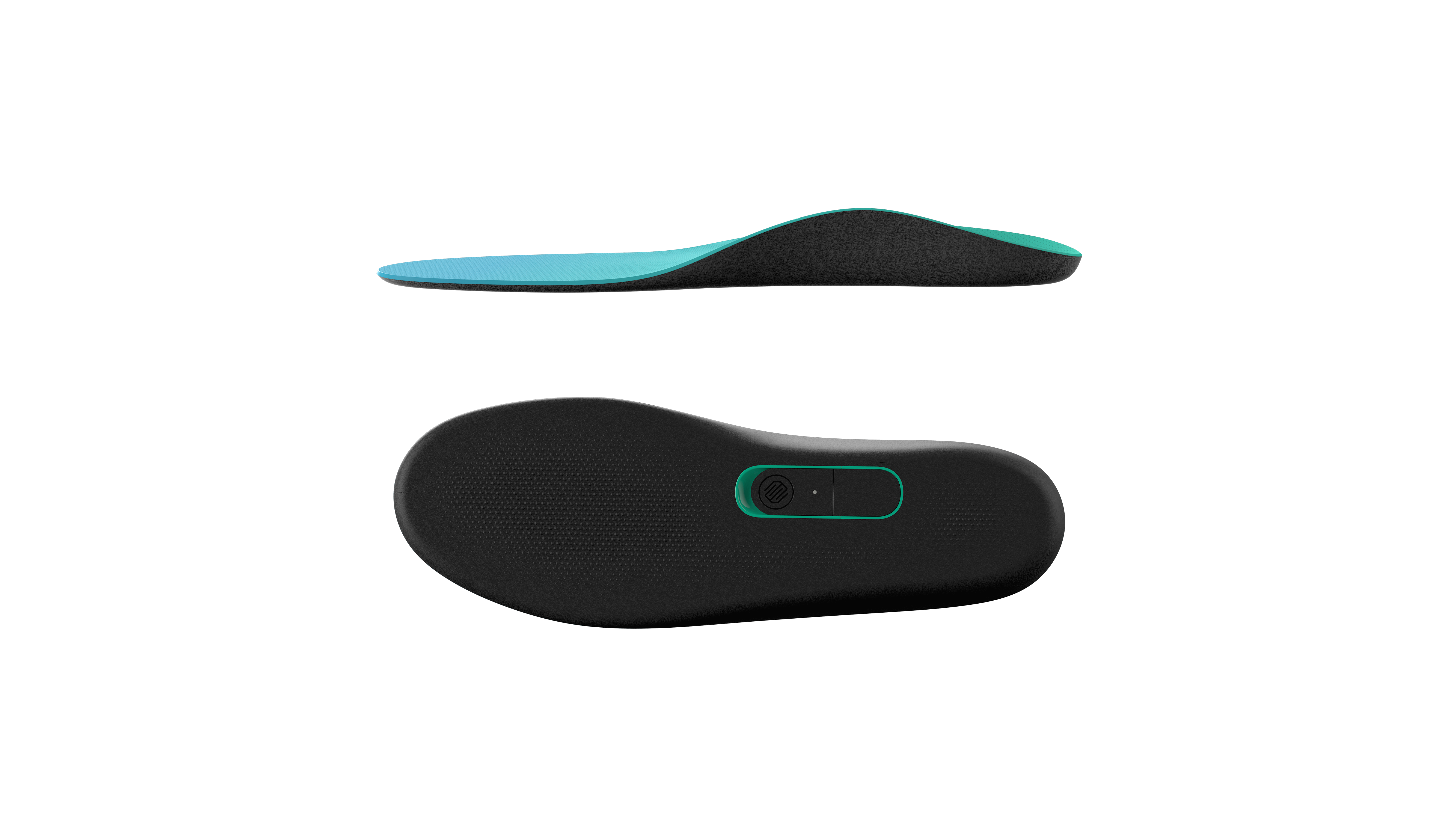 Side and top view of the Runvi smart insole in front of a transparent background