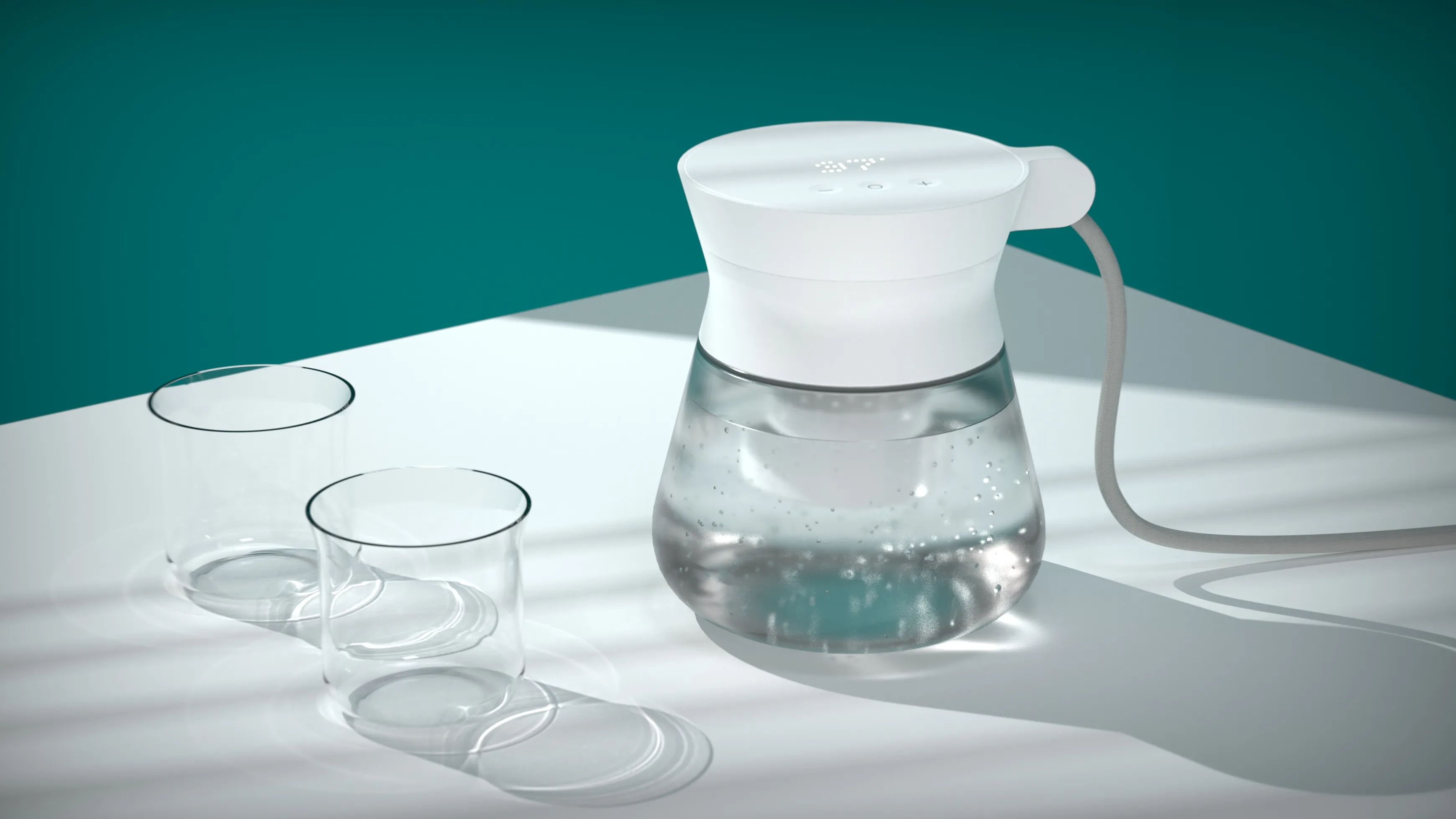 The Intoku smart water kettle with two glasses next to it