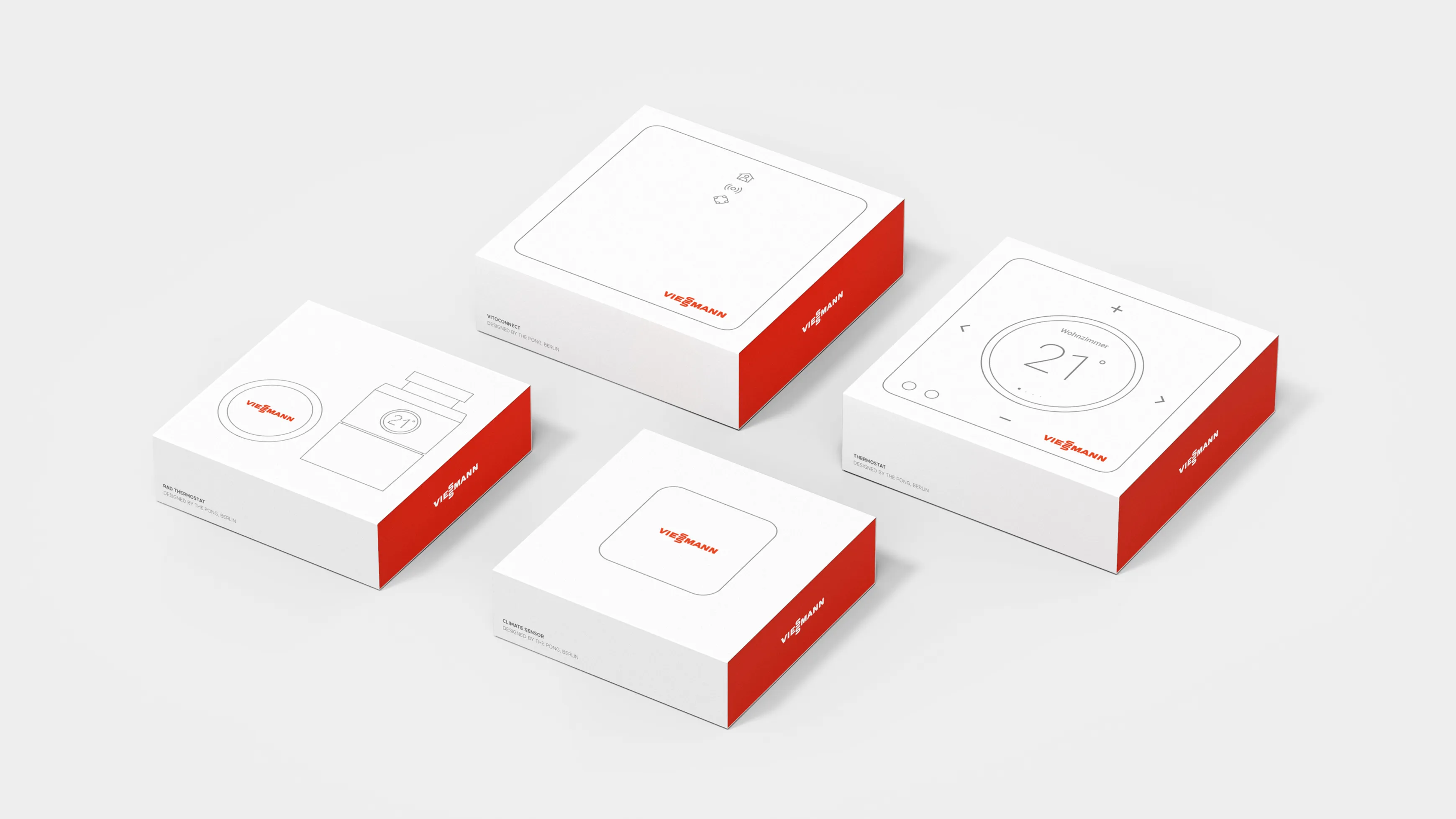 A red and white packaging concept for the The Viessmann ViCare smart heating portfolio