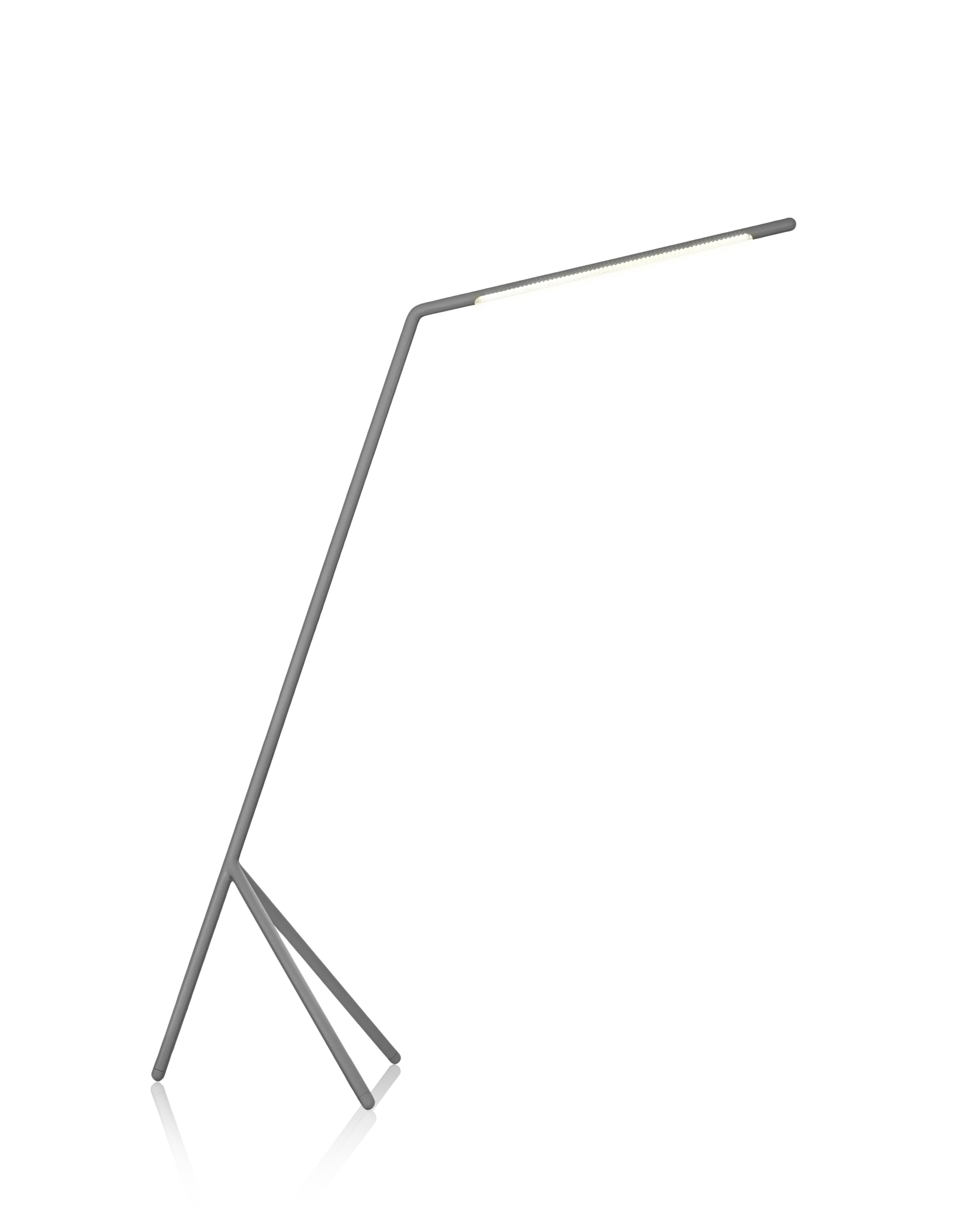 A steel tube LED floor lamp in front of a transparent background