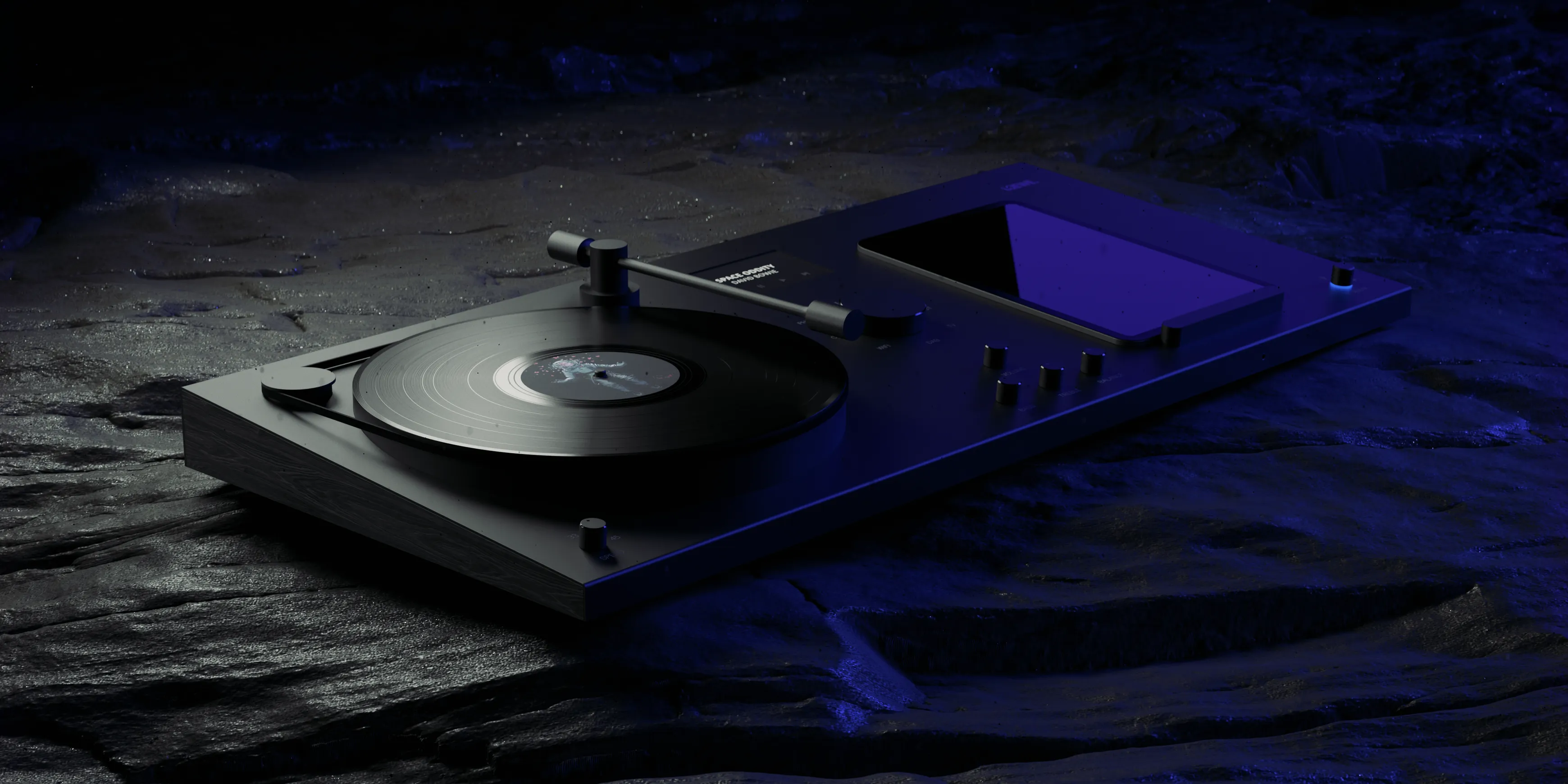 A Loewe music player on a rocky surface