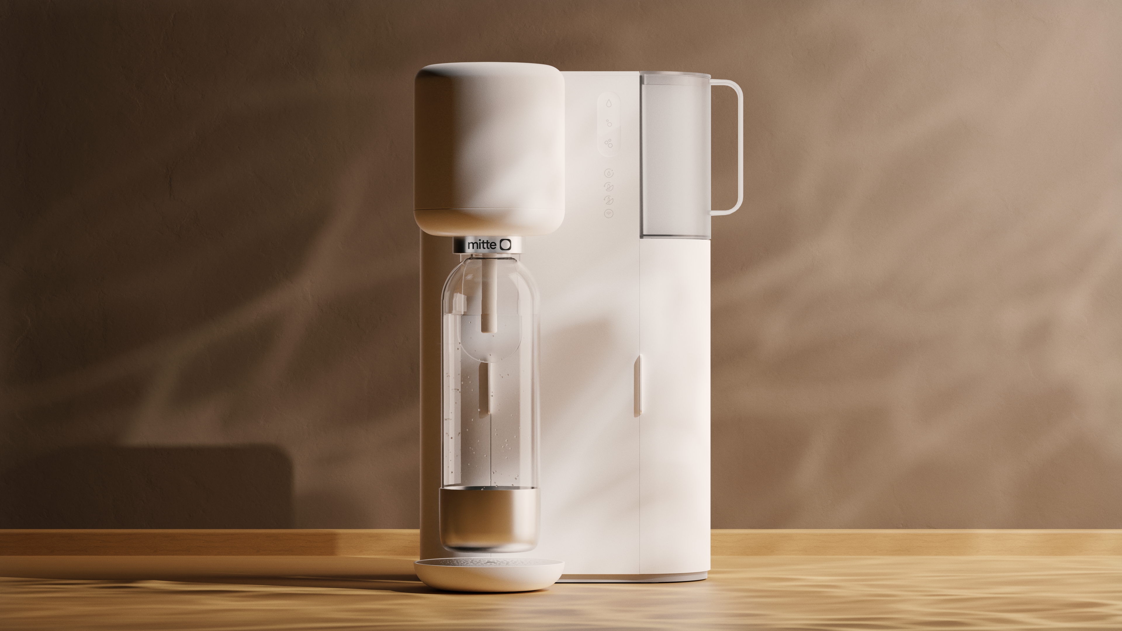 The Mitte water purifier standing on a wooden tabletop