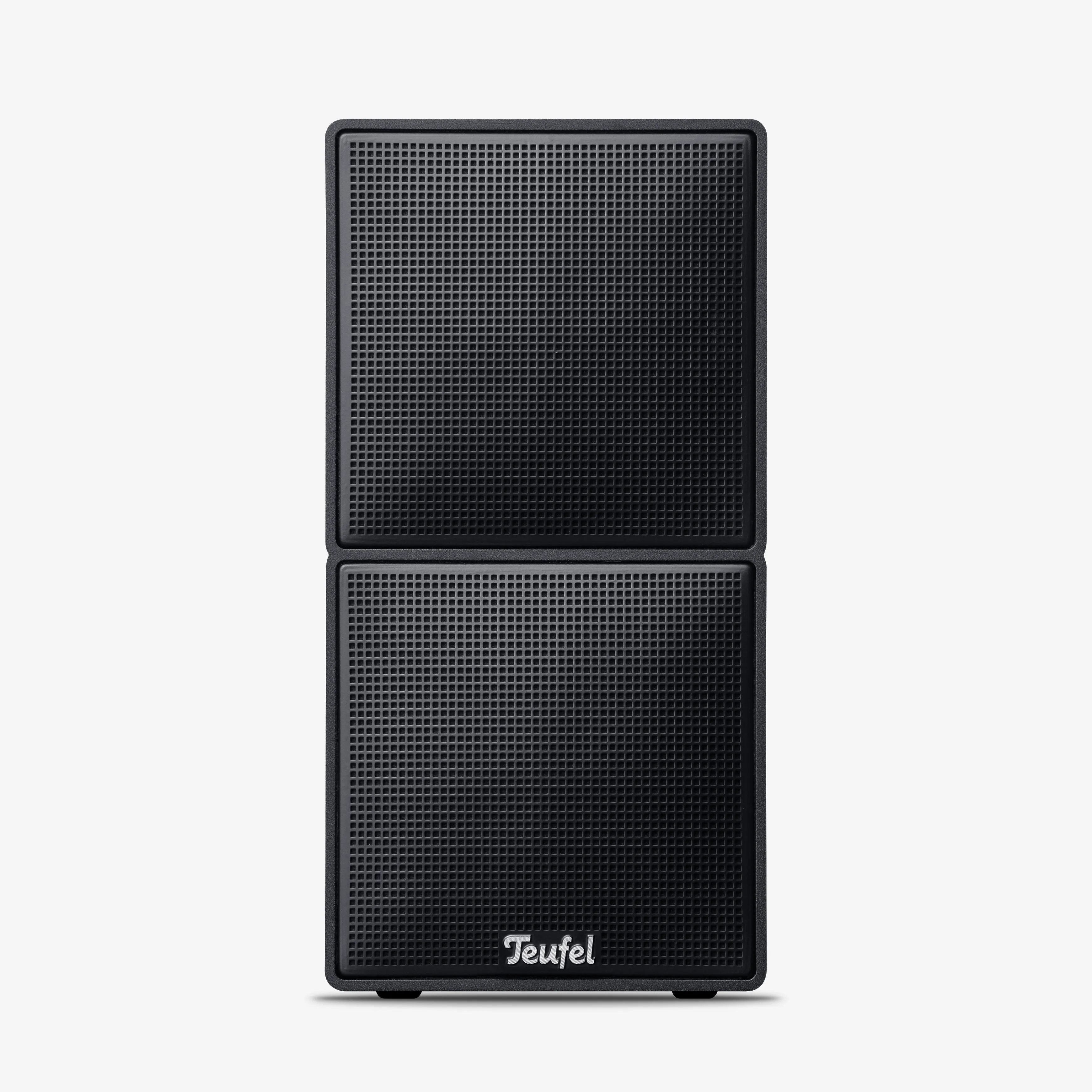 A frontal view of a black Teufel speaker