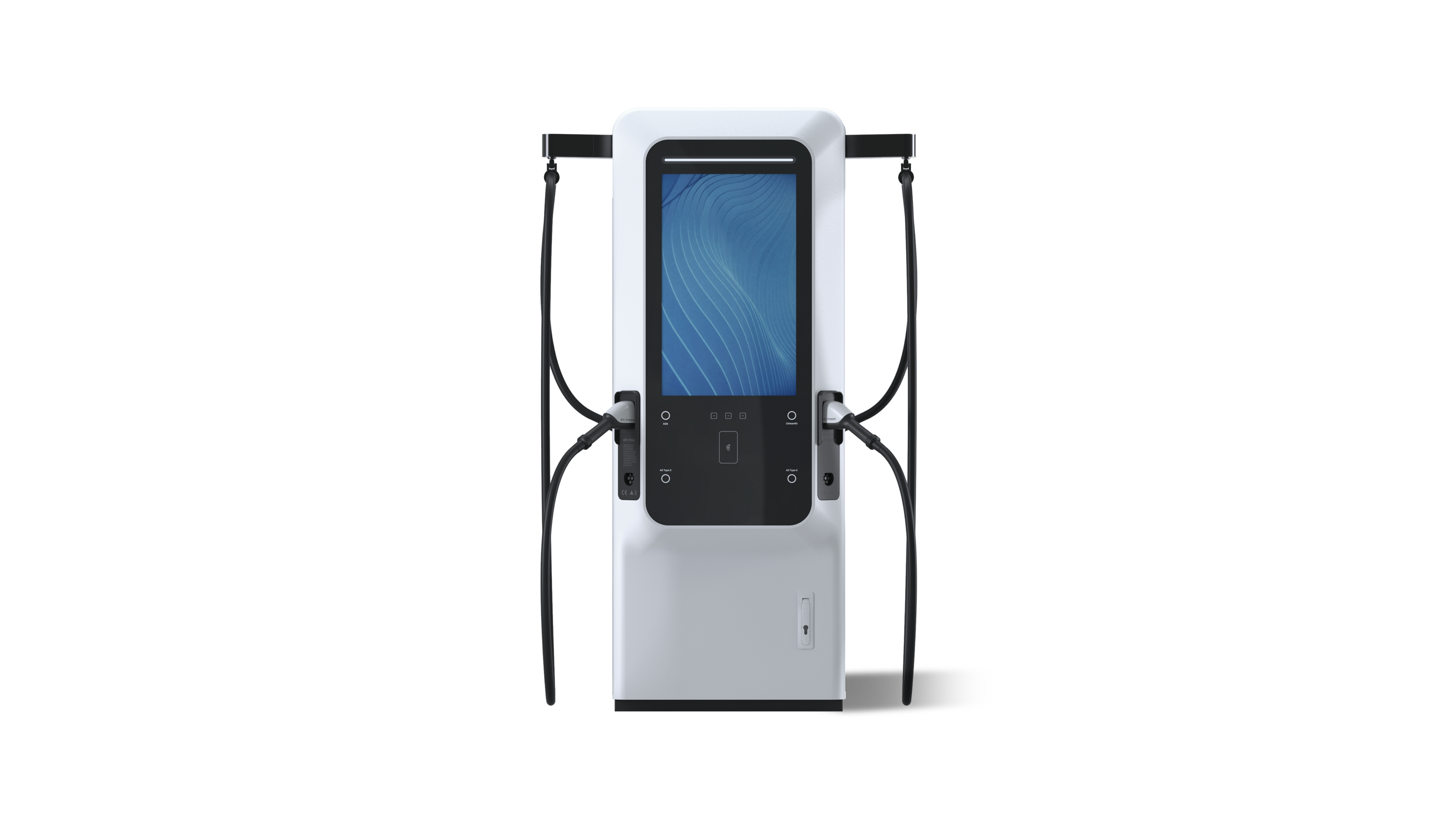 A BTC fast charger in front of a transparent background