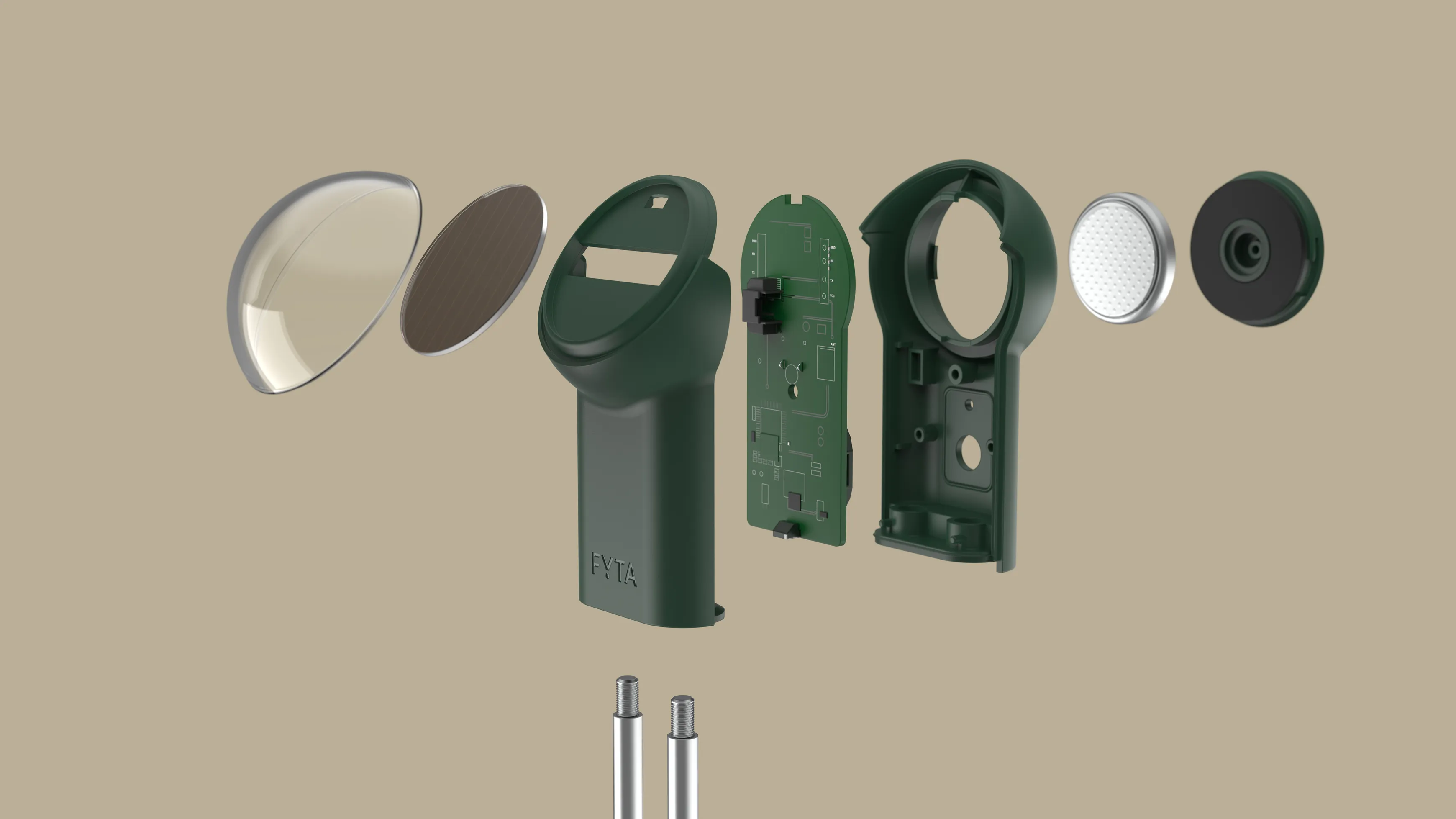 An exploded view of a Fyta smart plant sensor showing all its components