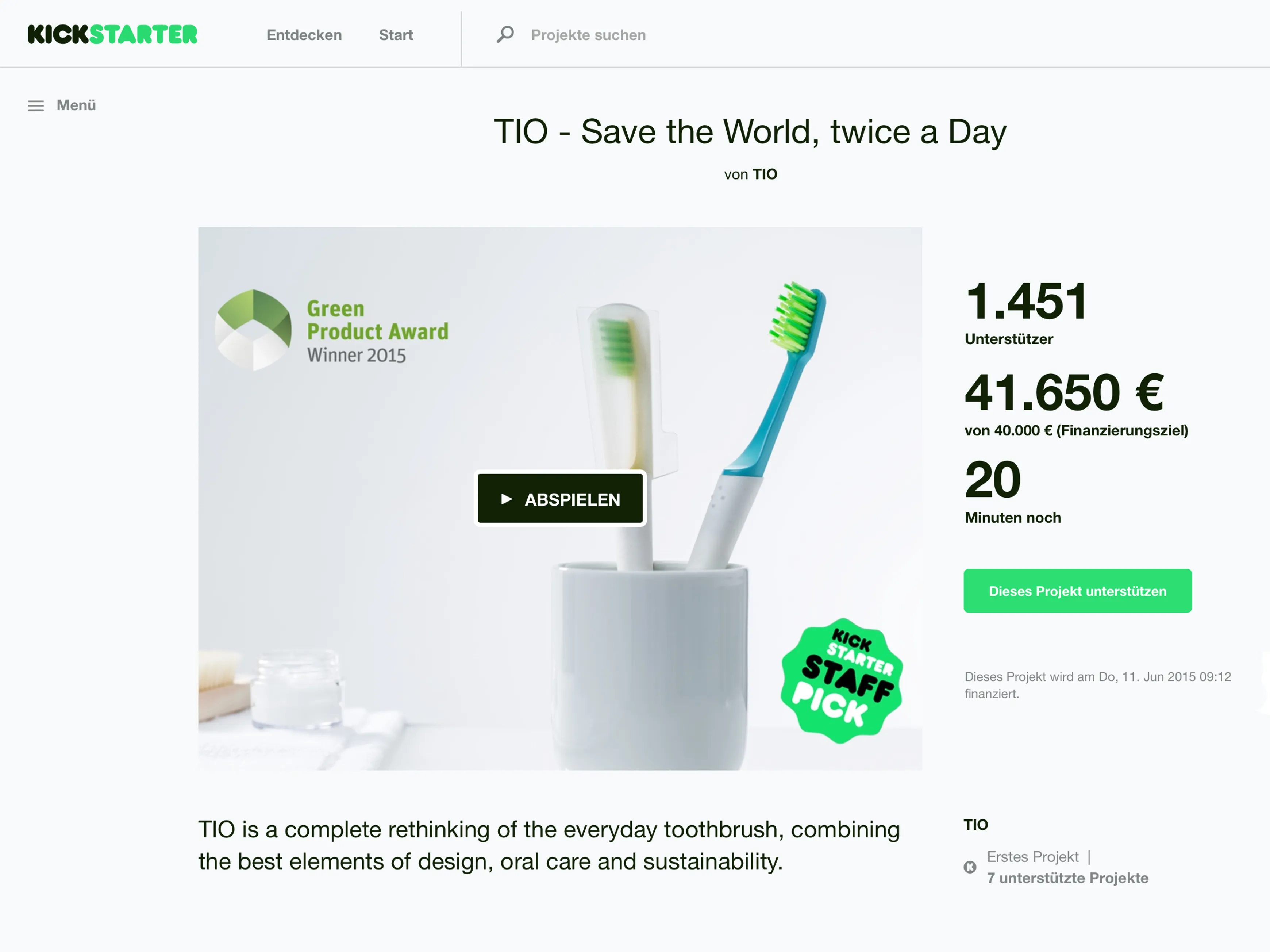 Screenshot of the TIO Kickstarter campaign showing that it reached its funding goal of 40000 euros