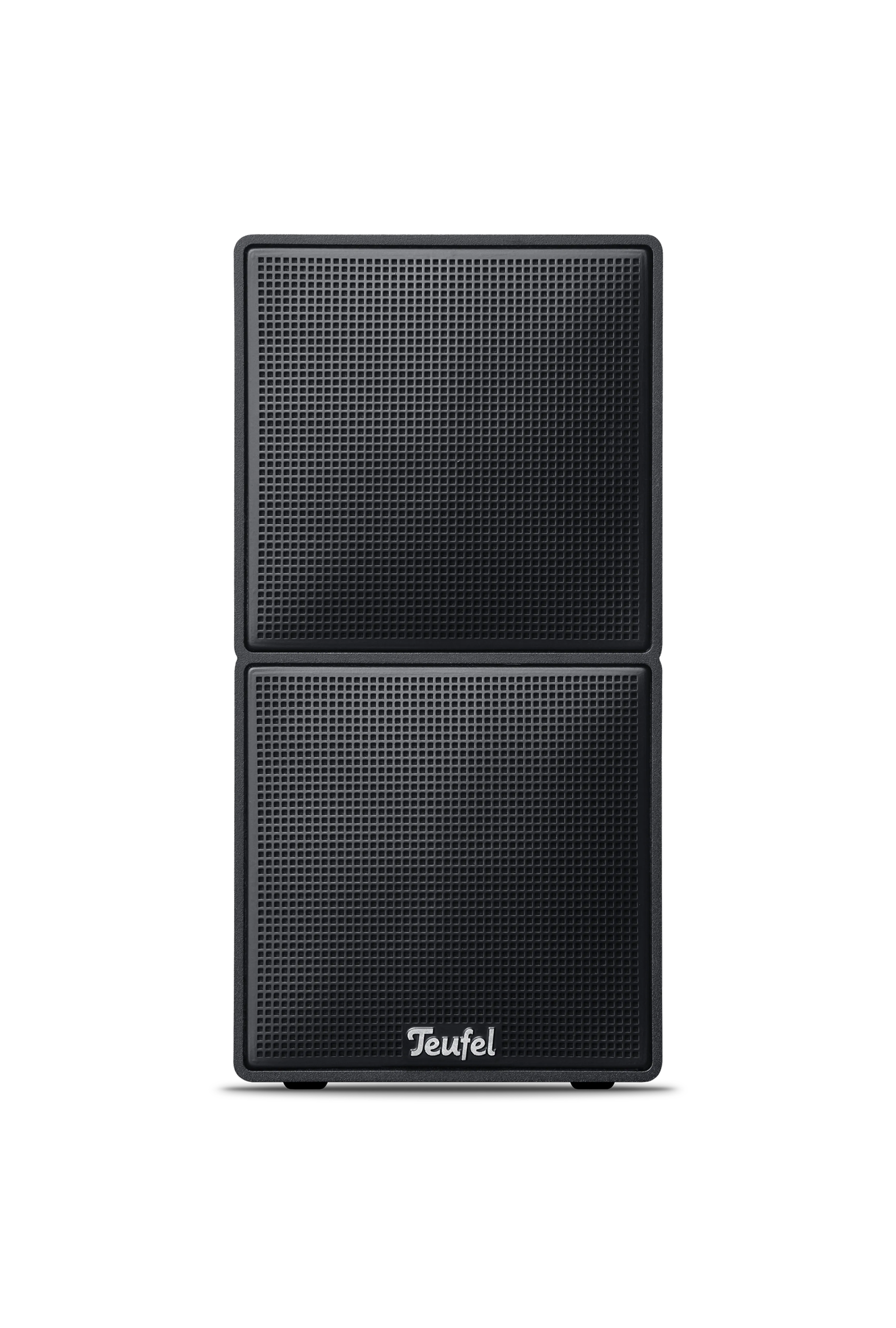 A frontal view of a black Teufel speaker