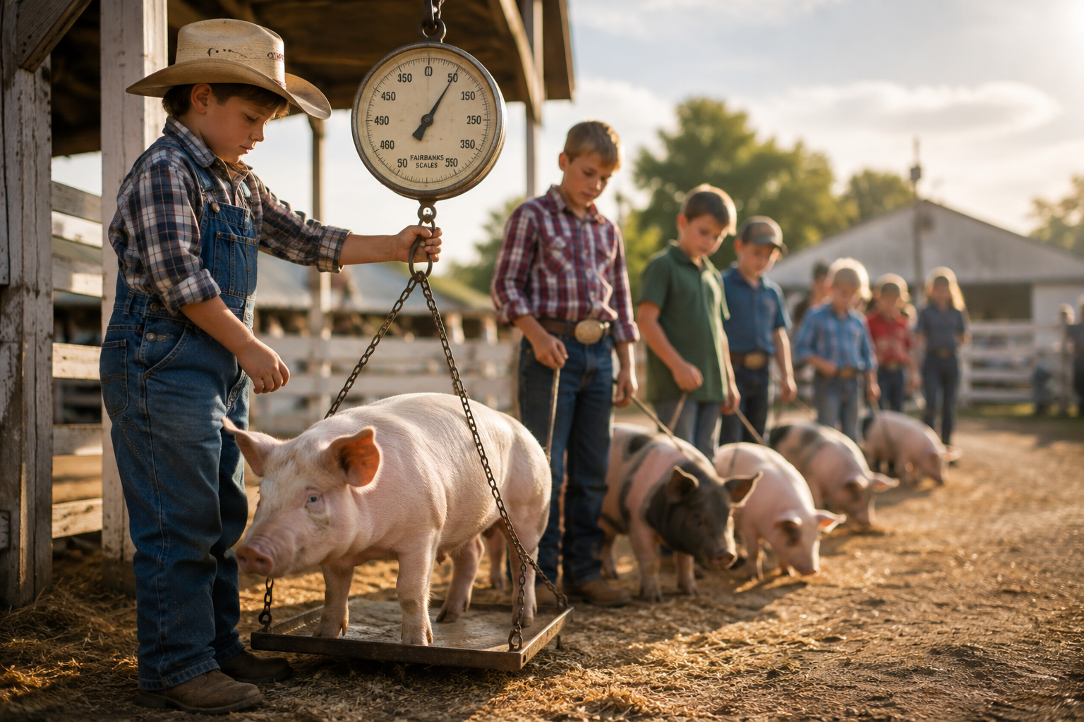 Kids weighing pigs