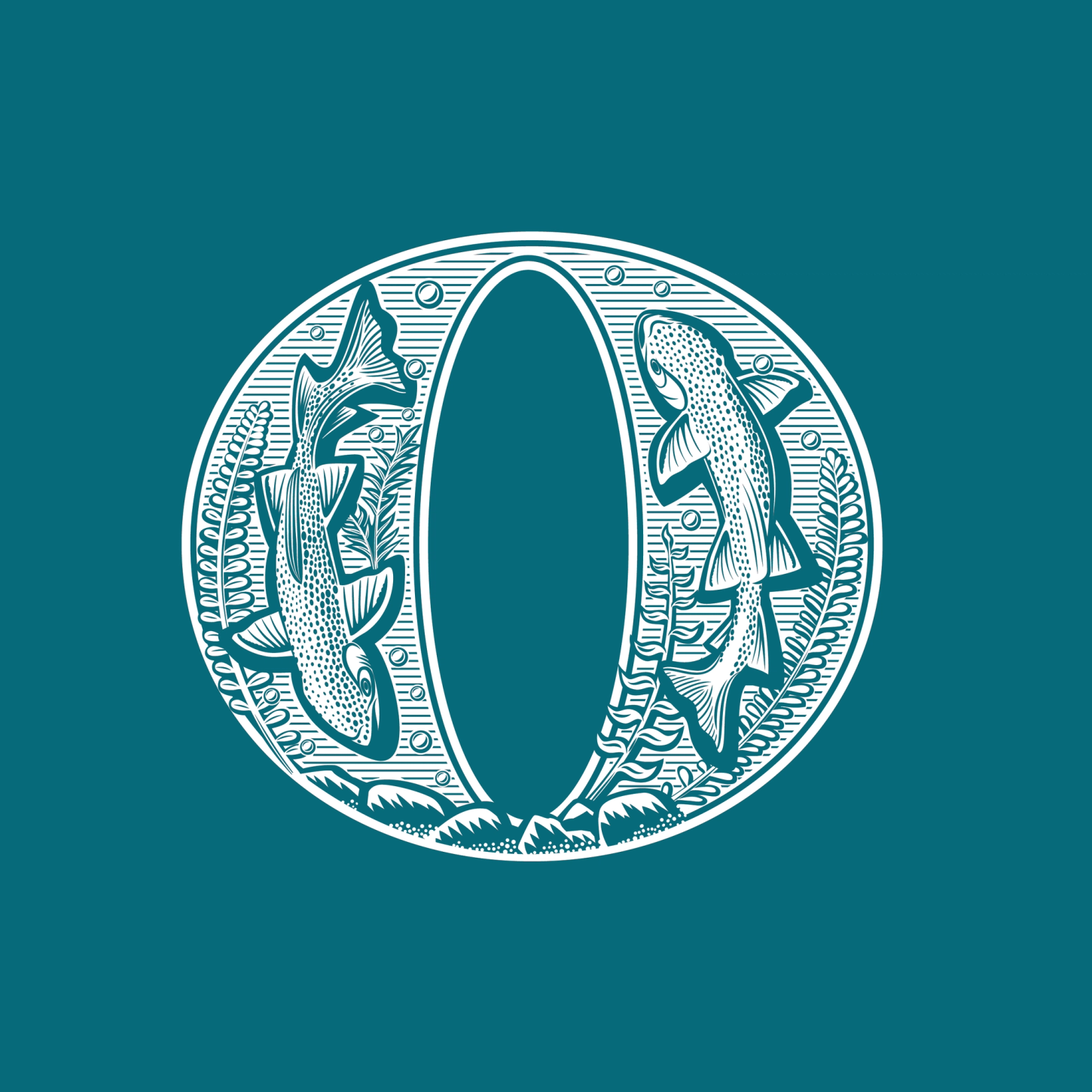 Orvis O – River: Trout with aquatic vegetation, bubbles and water patterns. Rock and sand at the bottom – Jamie Clarke Type