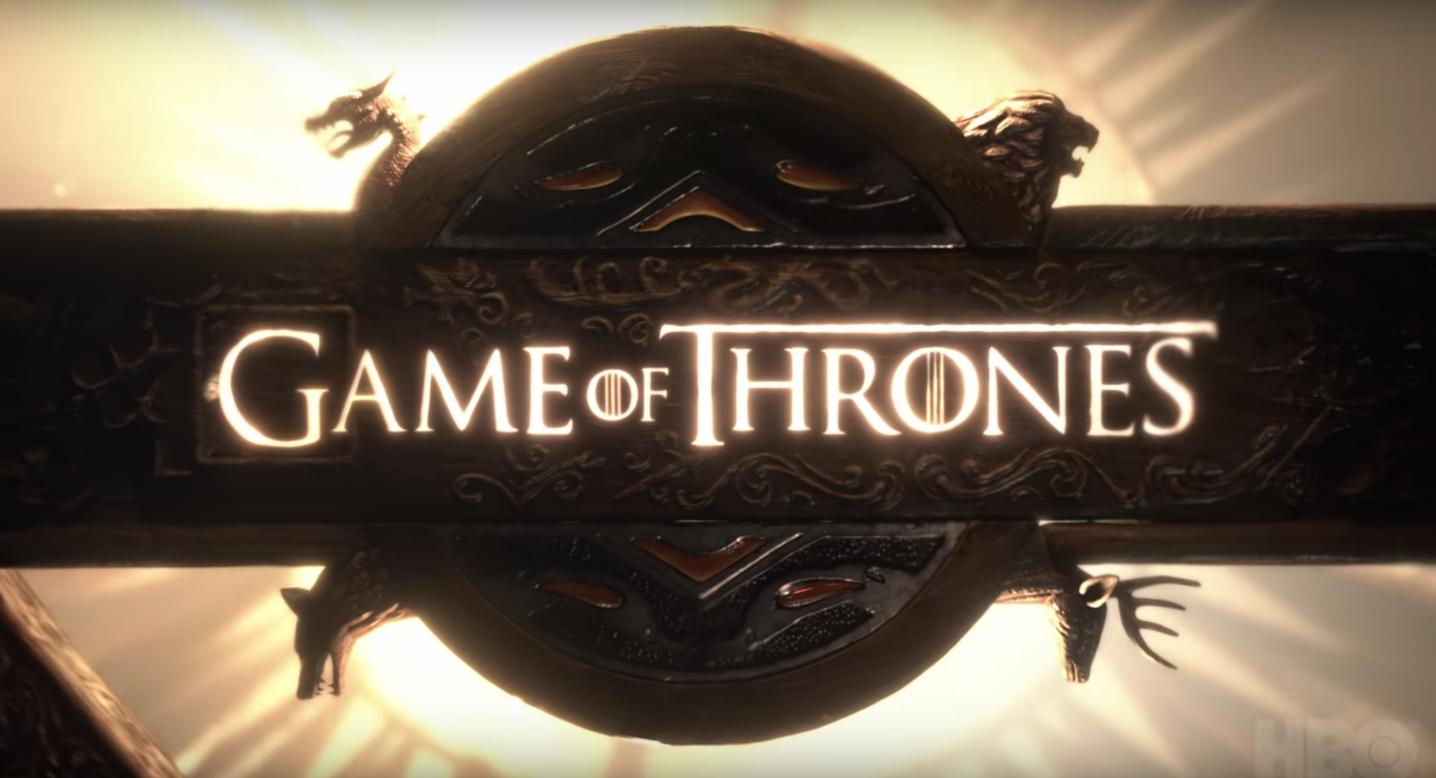 Game of Thrones title treatment in metallic Trajan lettering, featuring barred O's and an enlarged final S.
