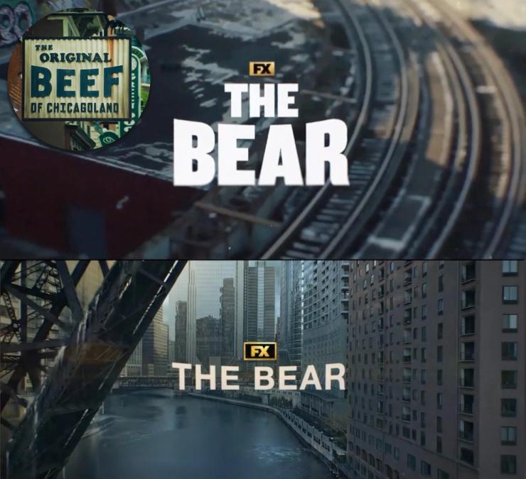 The Bear title treatments from Seasons 1 and 5, alongside The Original Beef of Chicagoland restaurant sign, showing their similarly flared letterforms.