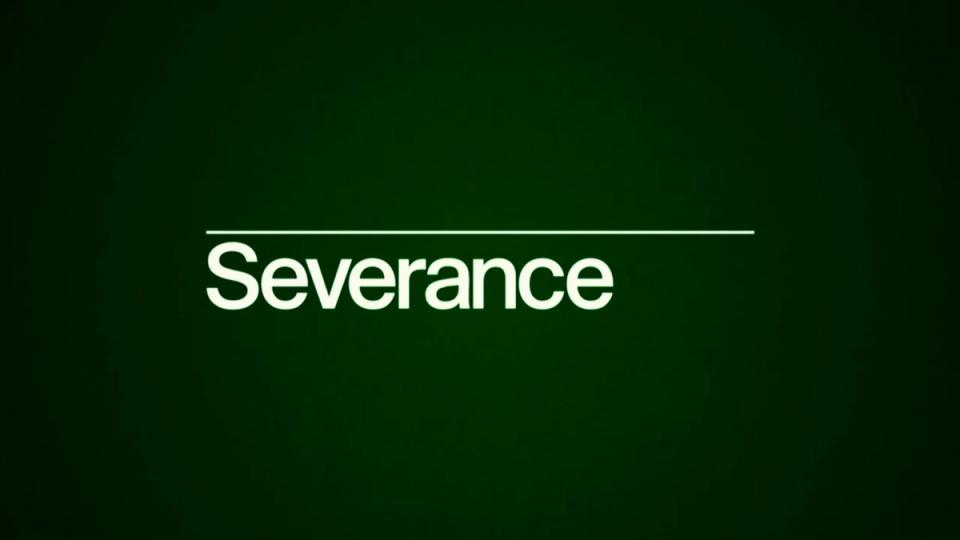 Severance title in custom white lettering beneath a thin horizontal line on a dark green background.