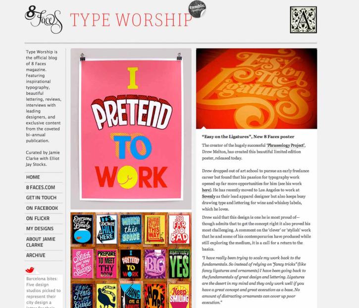 The Type Worship blog homepage, featuring blog posts with inspirational type samples.