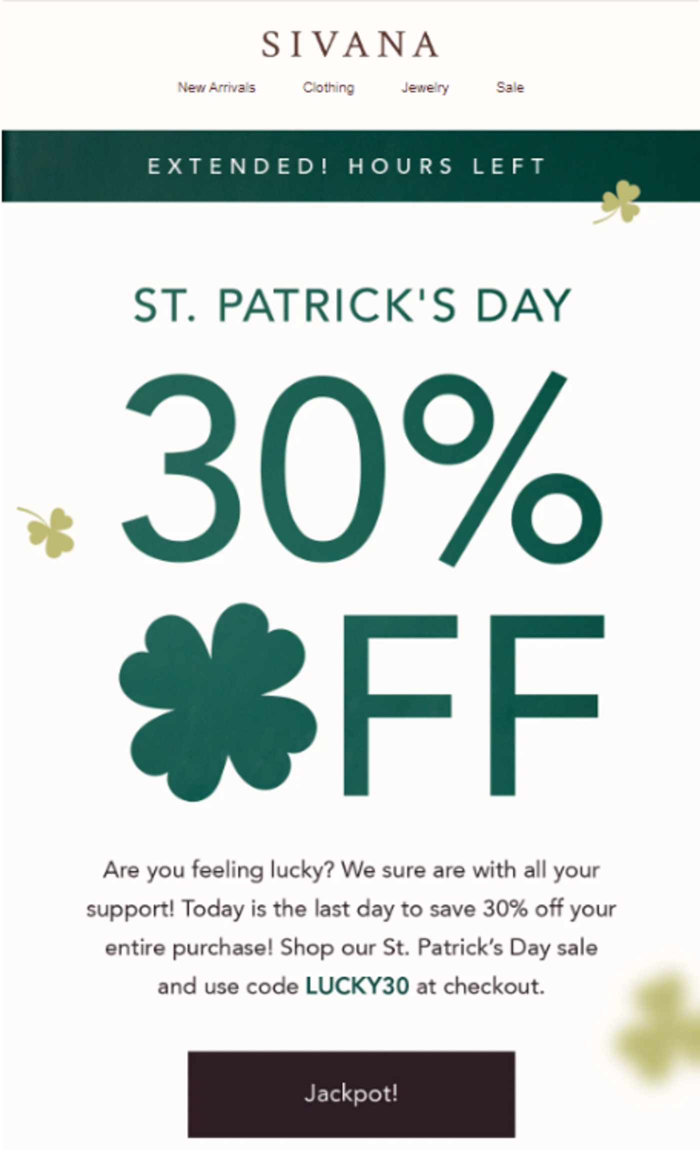 Screenshot of a St. Patrick’s Day sale announcement email
