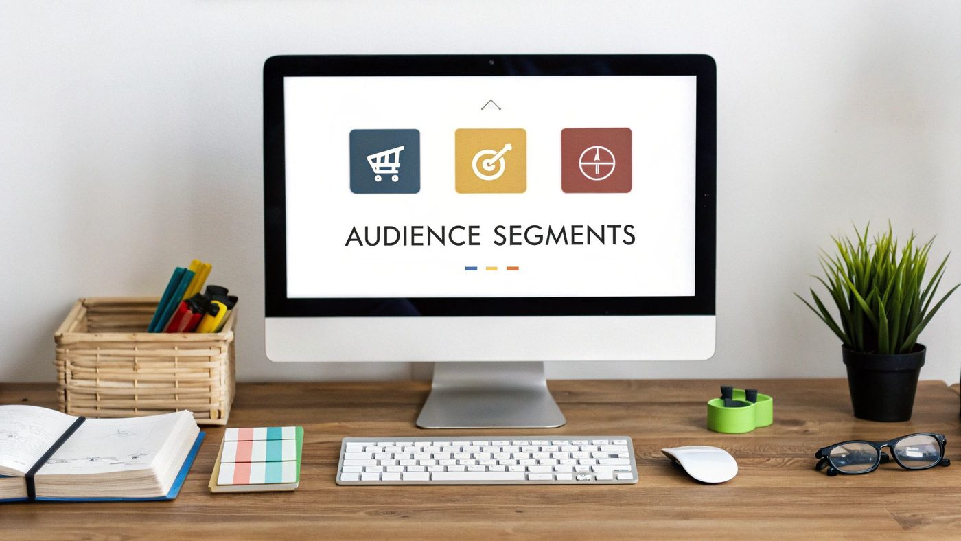 A computer screen displaying 'Audience Segments' with icons for shopping cart, target, and compass.