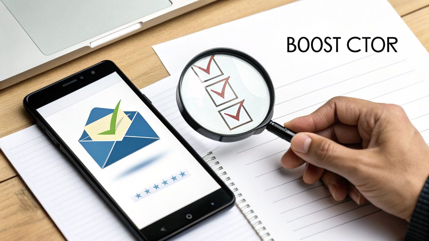Smartphone with email success, magnifying glass over checklist, and 'BOOST CTOR' text on paper.