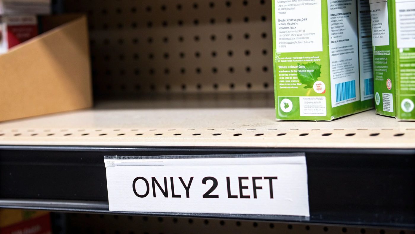 A store shelf with a white sign displaying "ONLY 2 LEFT" and a few green product boxes.