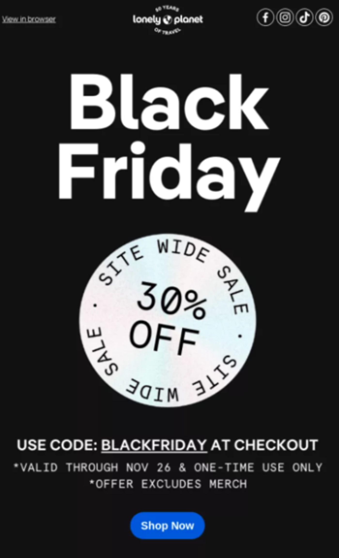 Screenshot of a Black Friday email with a discount offer.