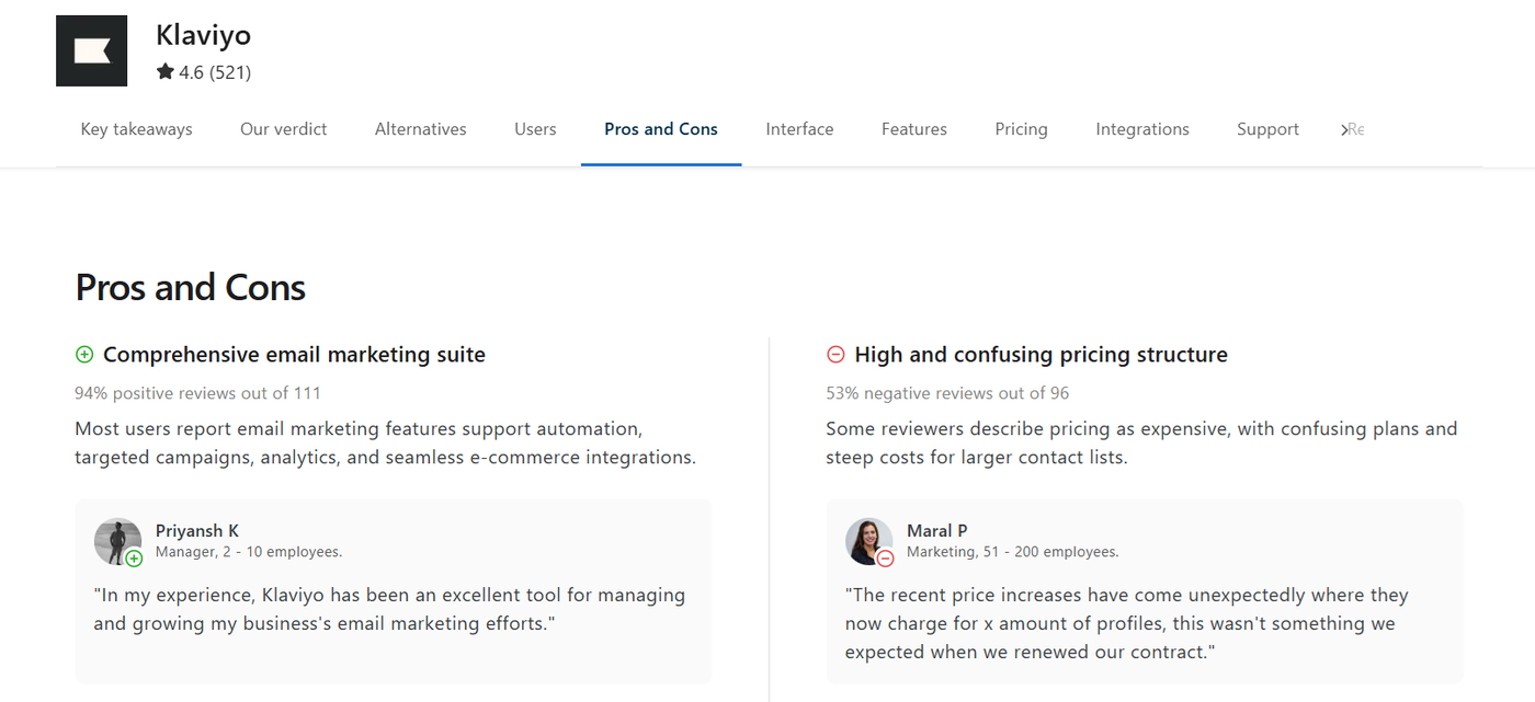 Screenshot of Klaviyo reviews on Capterra showing overall positive ratings with pricing concerns mentioned.