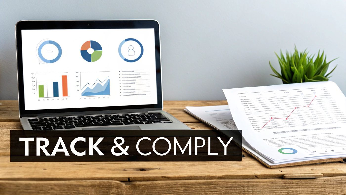 A laptop displaying data charts and graphs next to paper reports, with the text "TRACK & COMPLY".