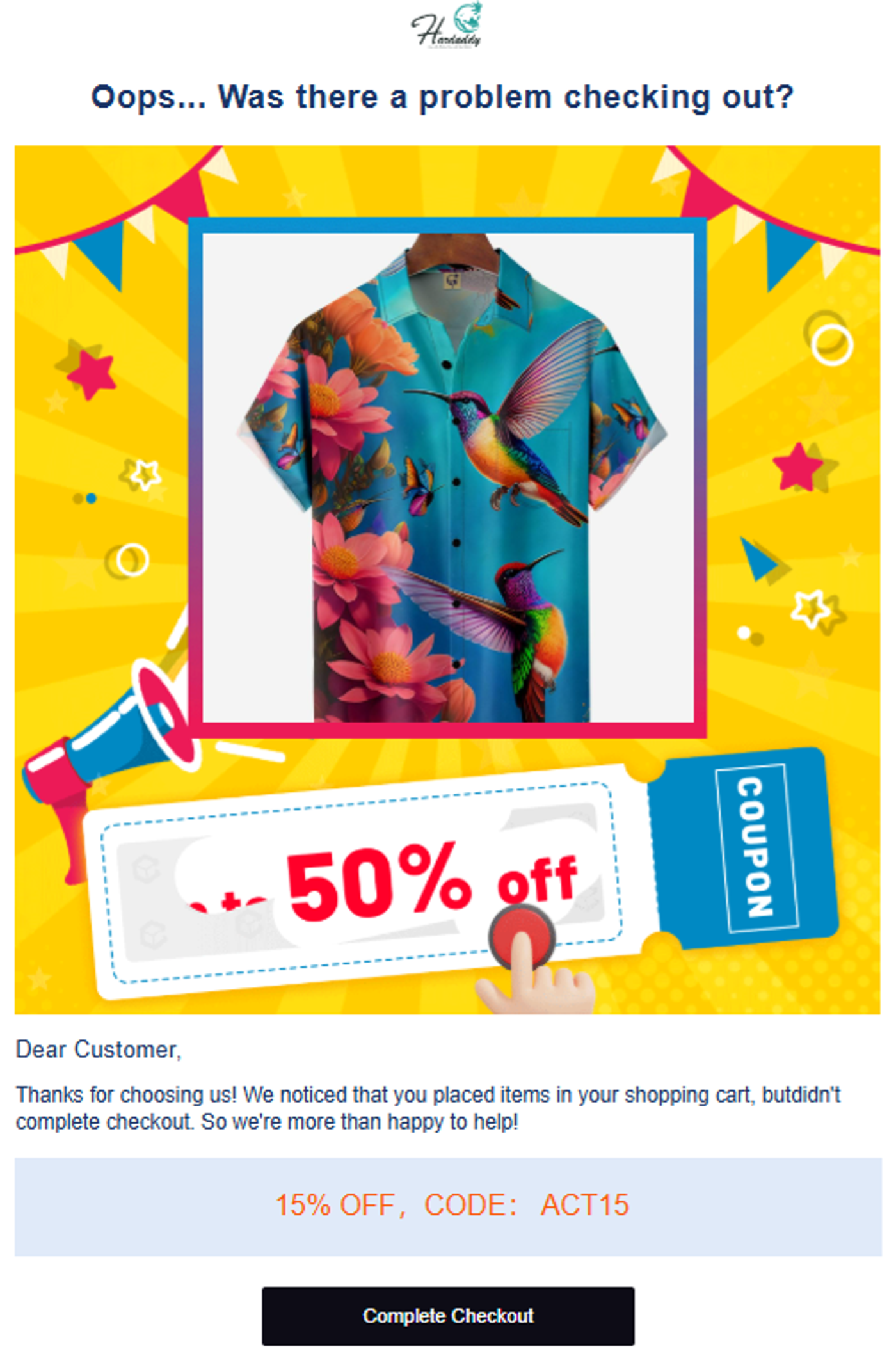 Screenshot of an abandoned cart email with an offer to avail a coupon.