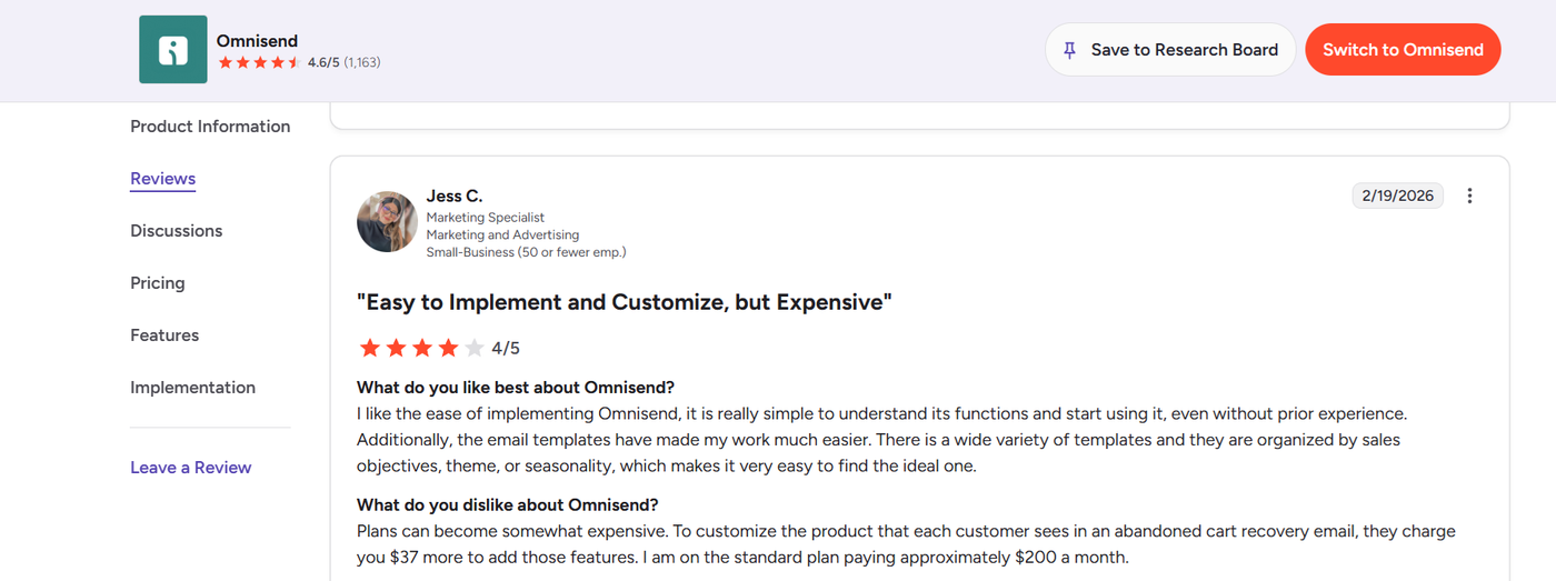 Screenshot of Omnisend reviews on the Shopify App Store highlighting usability feedback and billing concerns.