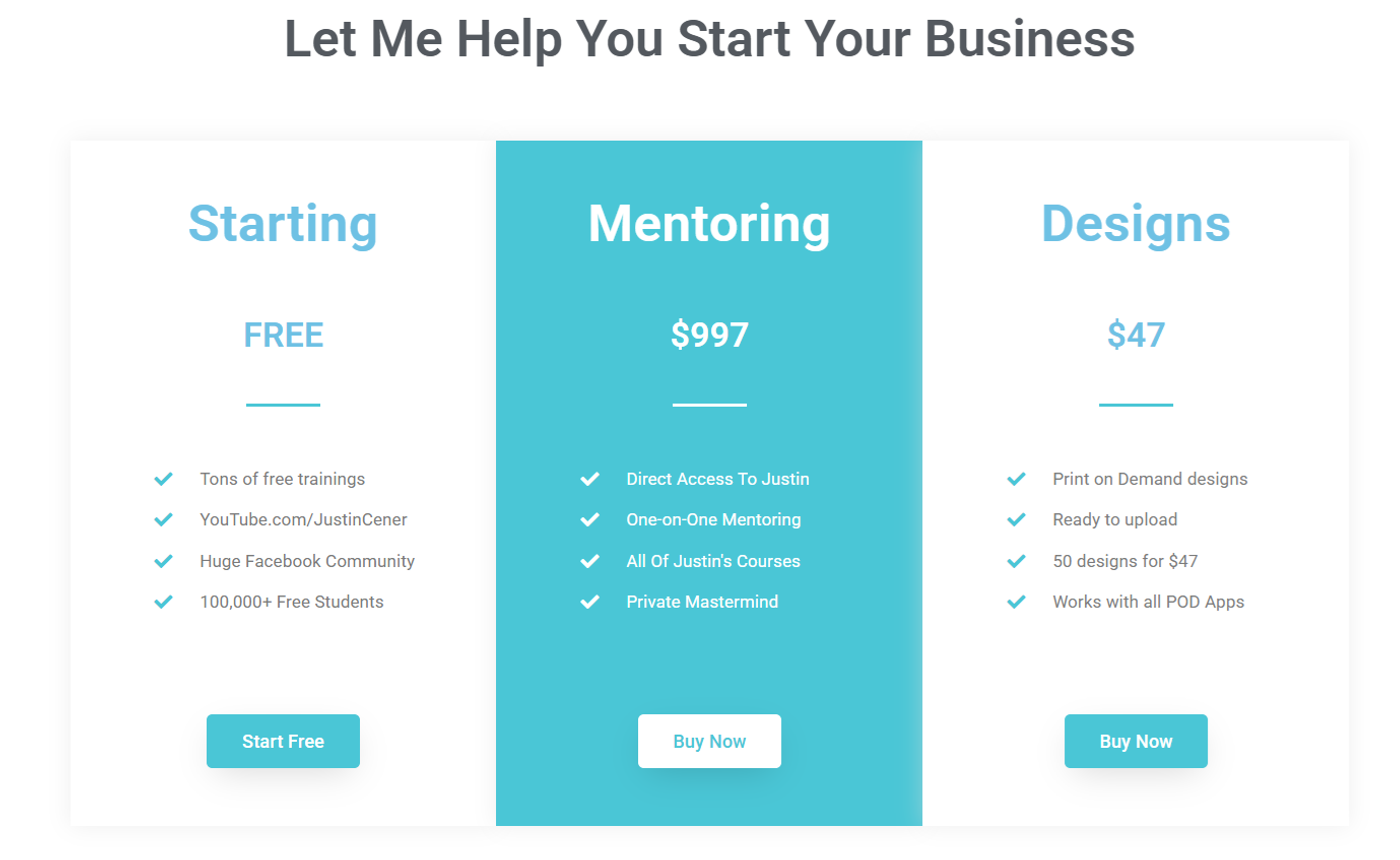 Screenshot of Justin Cener Ecom Profit Academy’s pricing