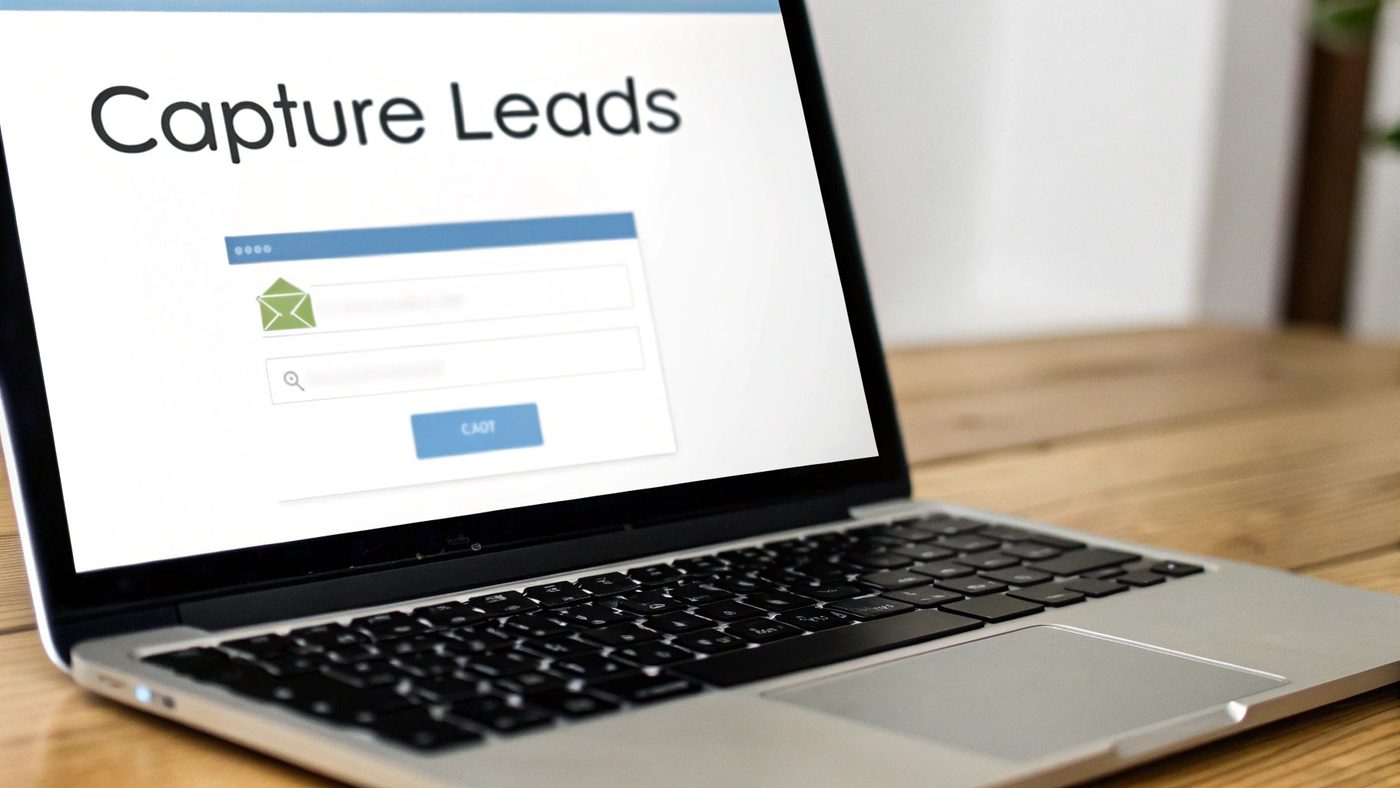 A laptop screen shows 'Capture Leads' with an input form for email and a search query.