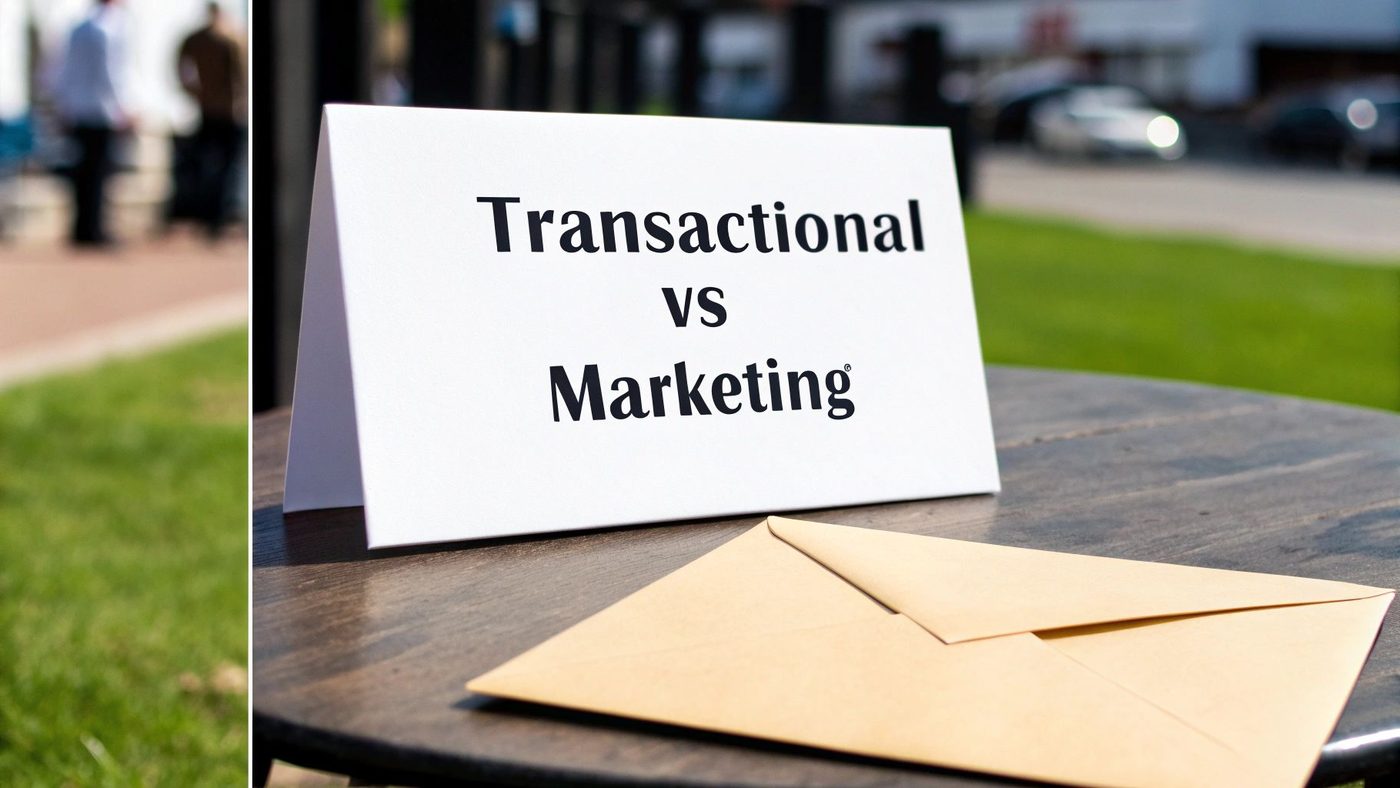 A white card displays 'Transactional VS Marketing' on a table, with a brown envelope.