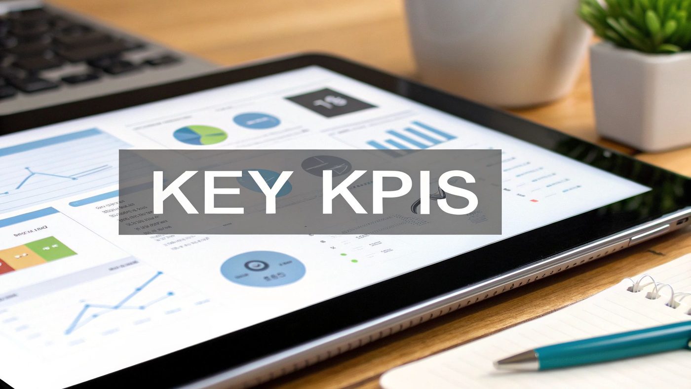 A tablet displays charts and graphs related to 'KEY KPIS' with a laptop and notebook nearby.