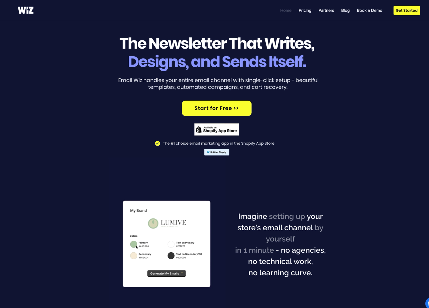 Screenshot of Wiz’s homepage highlighting its AI email marketing agent for Shopify, automated revenue flows, and autonomous campaign creation features.