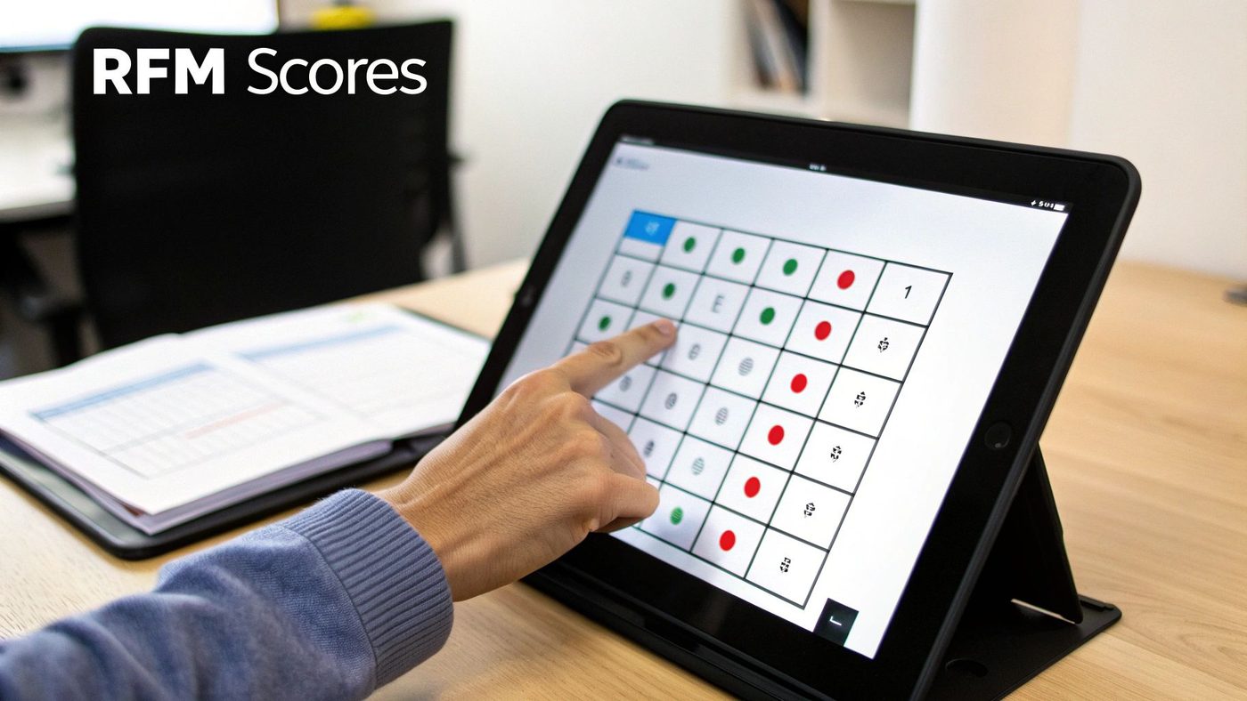 A hand touches a tablet displaying a grid of green and red dots with symbols, labeled 'RFM Scores'.