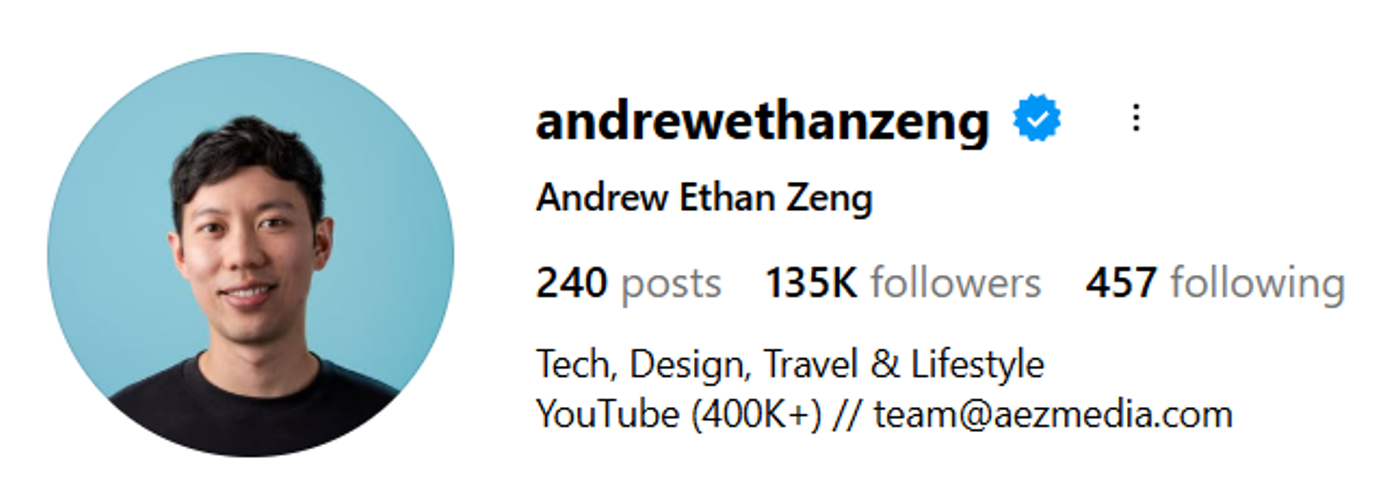 Screenshot of Andrew Ethan Zeng’s Instagram profile.