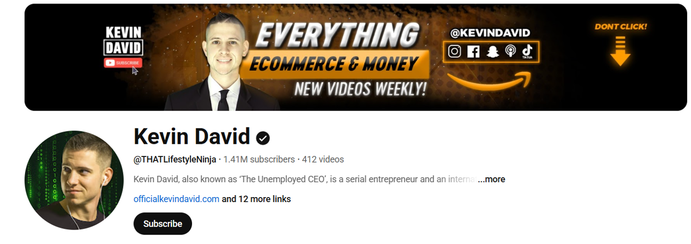 Screenshot of Kevin David’s YouTube profile.