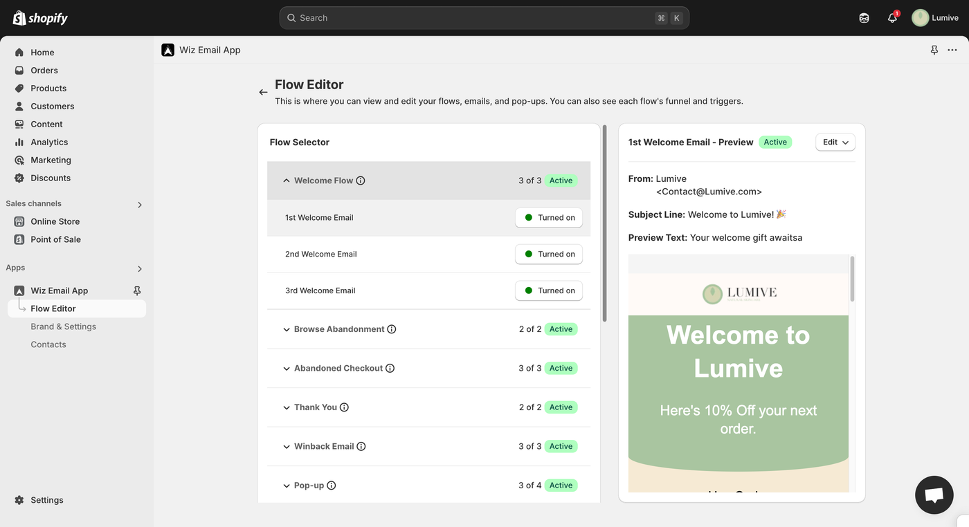 Email Wiz Flow Editor Lumive, Shopify Email Marketing Automation