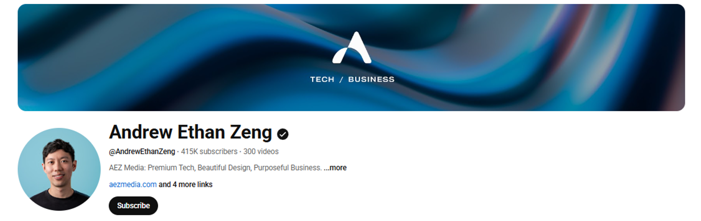 Screenshot of Andrew Ethan Zeng’s YouTube profile.